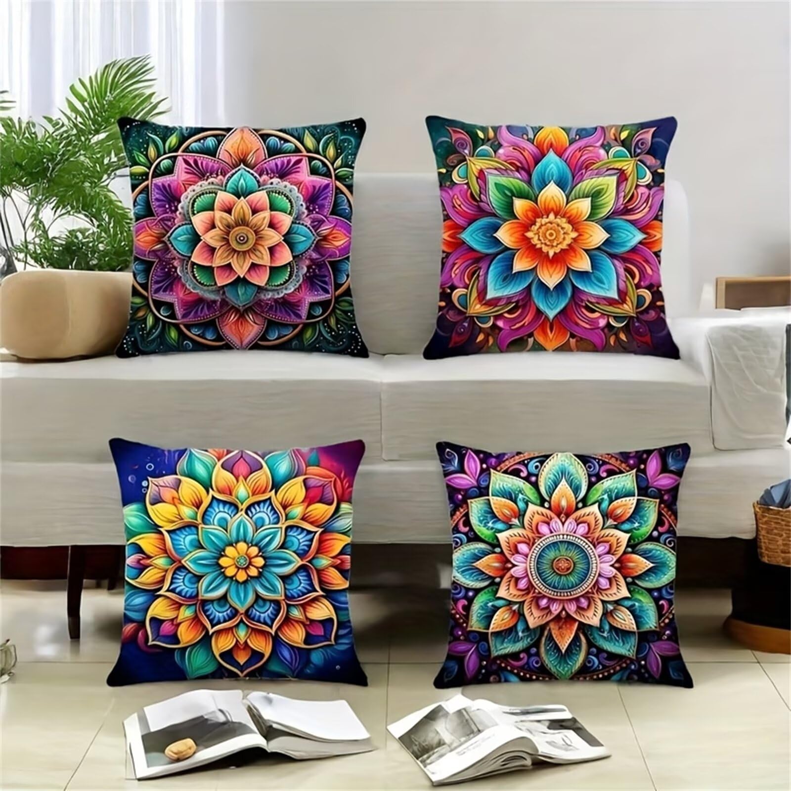 QiHon Colourful Mandala Cushion Covers 30x30 cm Set of 4, Decorative Throw Pillow Cases, 12x12 inch Square Linen Pillowcases for Sofa Living Room Bedroo