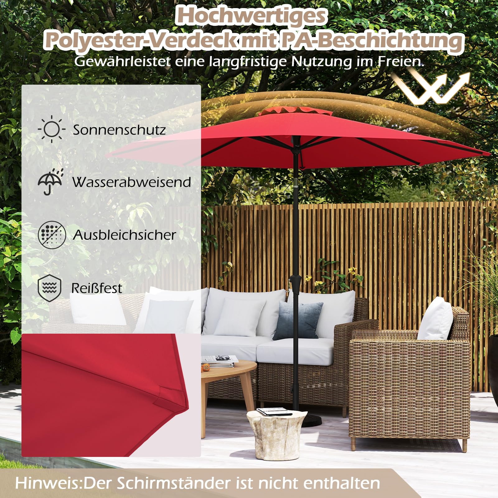 GOPLUS Sonnenschirm 300cm, Gartenschirm beidseitig um 25° knickbar, Terrassenschirm mit Kurbel, Balkonschirm mit 8 Rippen, Marktschirm für Garten, Balkon & Terrasse, Weinrot