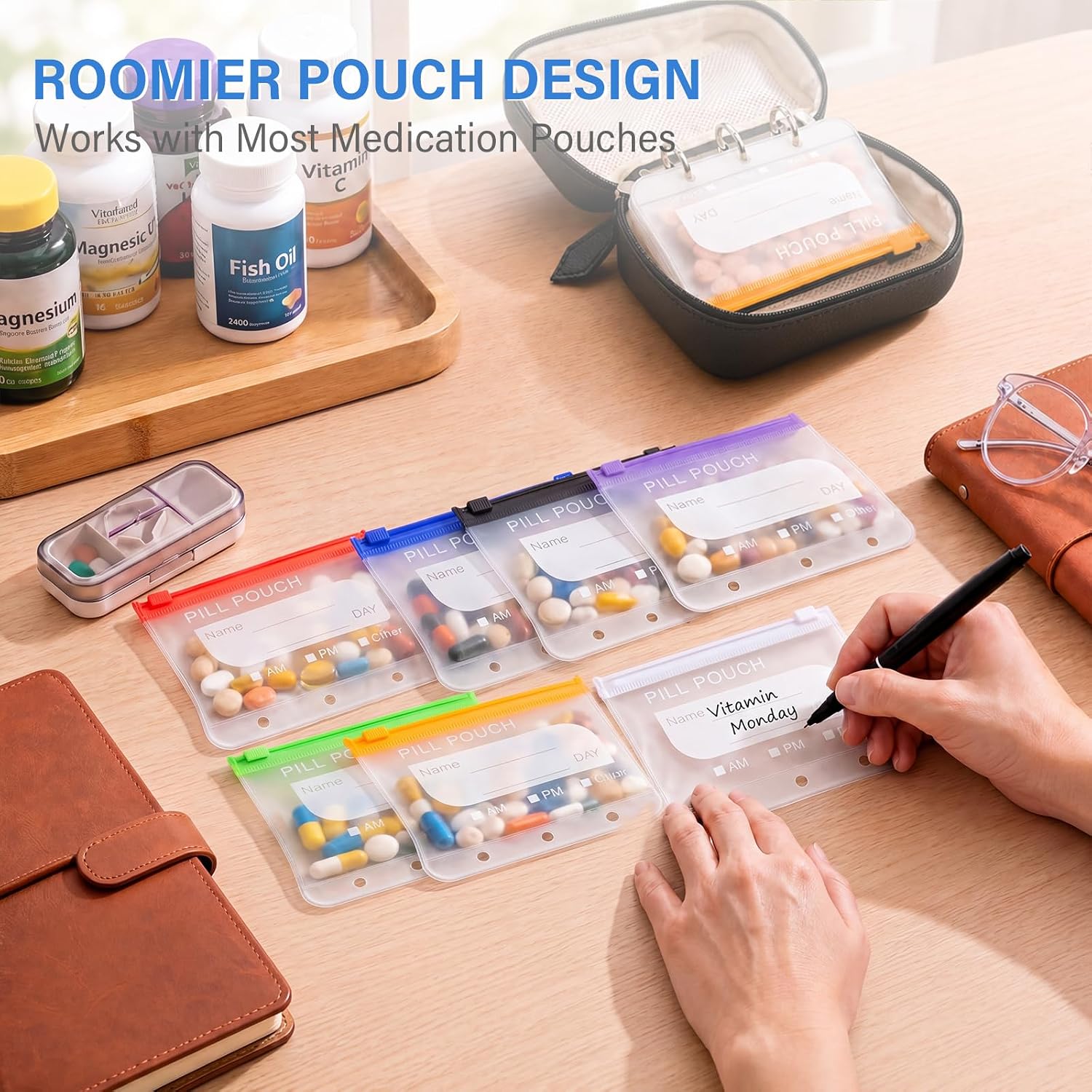 14 Pieces Pill Pouches Bags for Travel, A8 Reusable Zippered Pill Organizers, BPA Free Pill Storage with Slide Lock & Writable Label, Color-Coded Medicine Pouches for Supplements