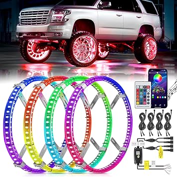 Nilight 4PCS 17.5inch Double Row LED Wheel Ring Light RGB with APP & Remote | Neon Light w/Turn Signal and Braking Function Dual Row for Car Van SUV Truck