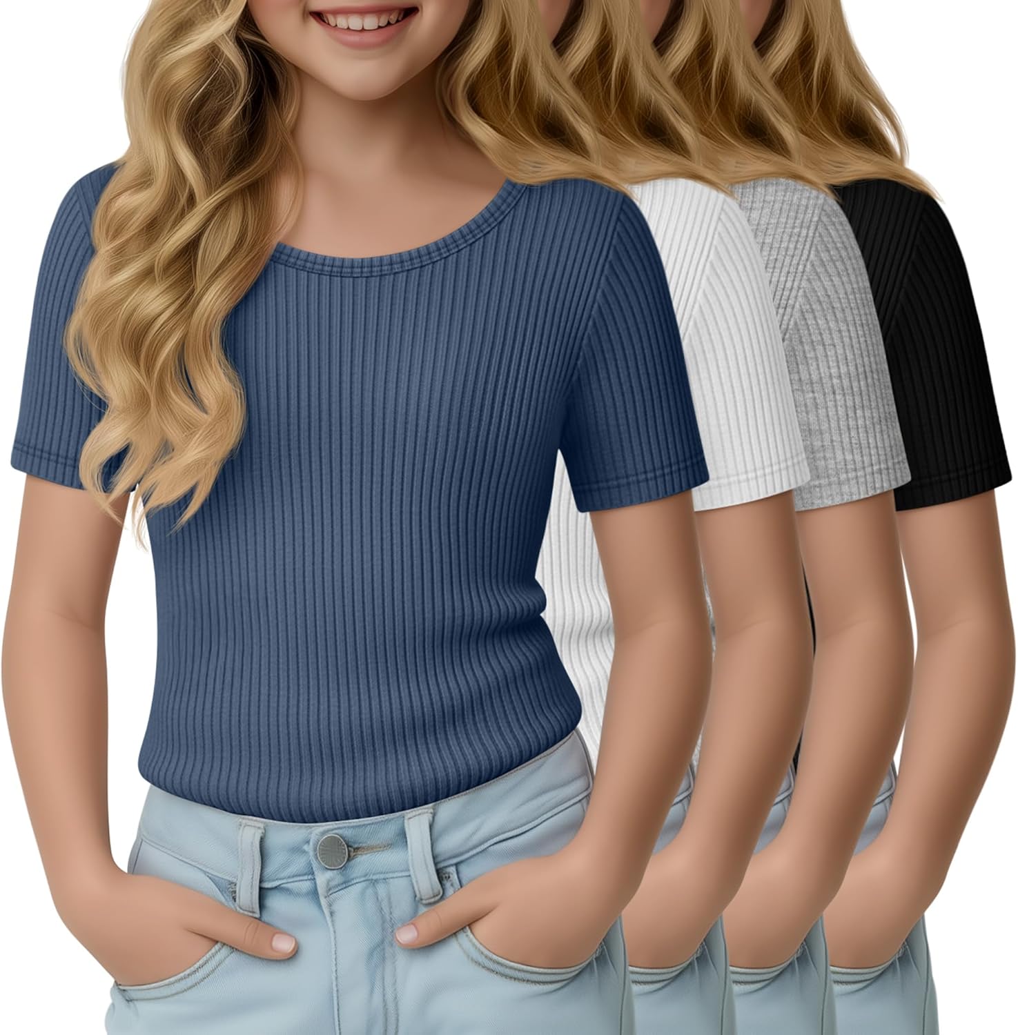 4 Pack Girls T-Shirts Short Sleeve Soft Ribbed Tops Slim Fit Crewneck Summer Athletic Stretchy Basic Tees 5-14 Years