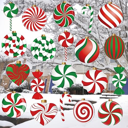 20 letreros navideños para patio, de doble cara, adornos colgantes de caramelo de menta de Navidad, decoraciones de patio grandes, decoraciones de