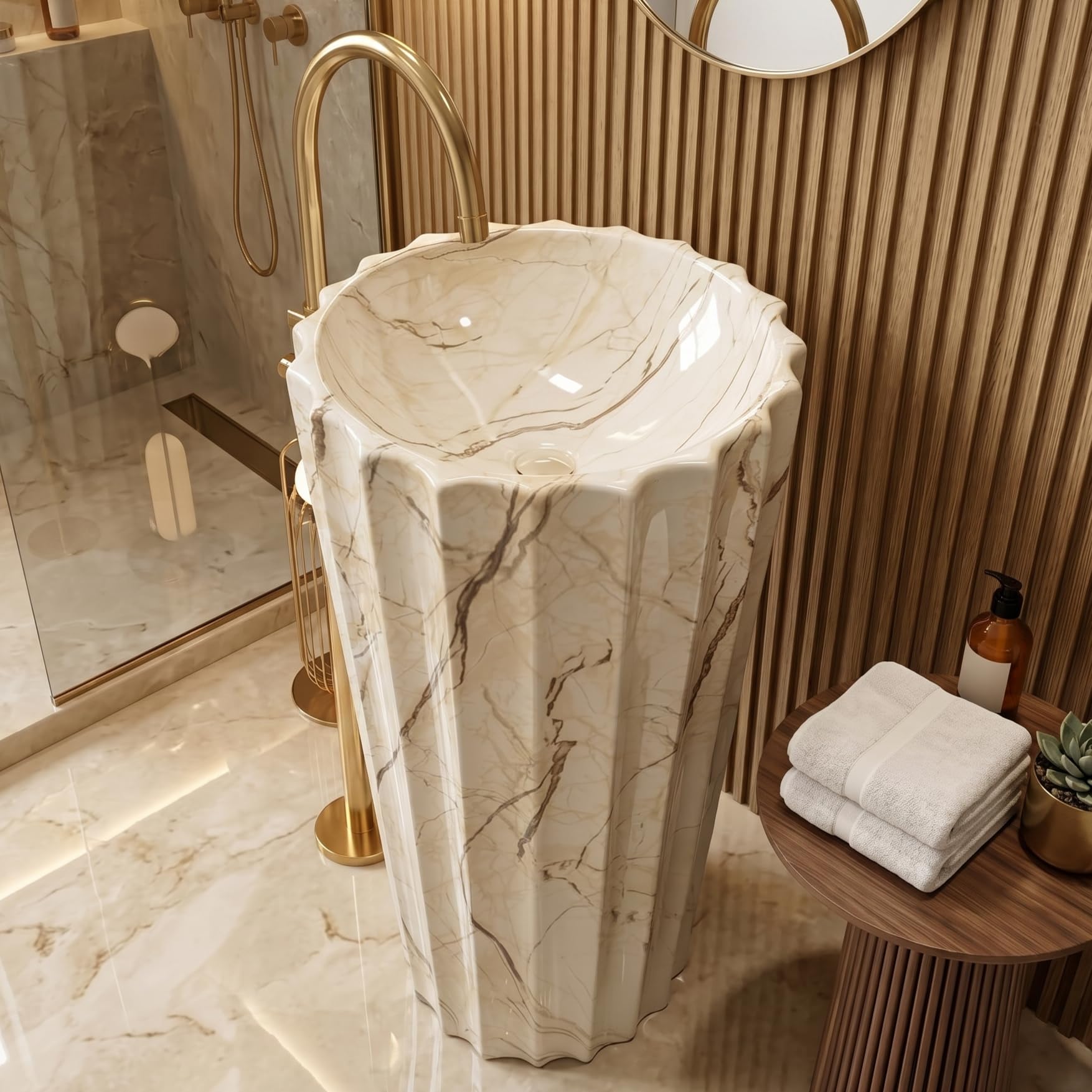 BASSINO 19x19x33 Inch Pedestal Wash Basin/Free Standing Wash Basin/7 Years Warranty/Round Ceramic One Piece Pedestal Sink for Bathroom/Dining Hall/Floor Mounted Washbasin(Glossy Ivory-Beige Marble)-image-39