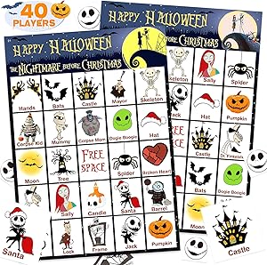 Halloween Bingo Game Card for Kids/Adults, 40 Players for Halloween Party Cards Game, Family Activities, School Classroom Games, Halloween Party Favors Supplies - The Nightmare Before Christmas