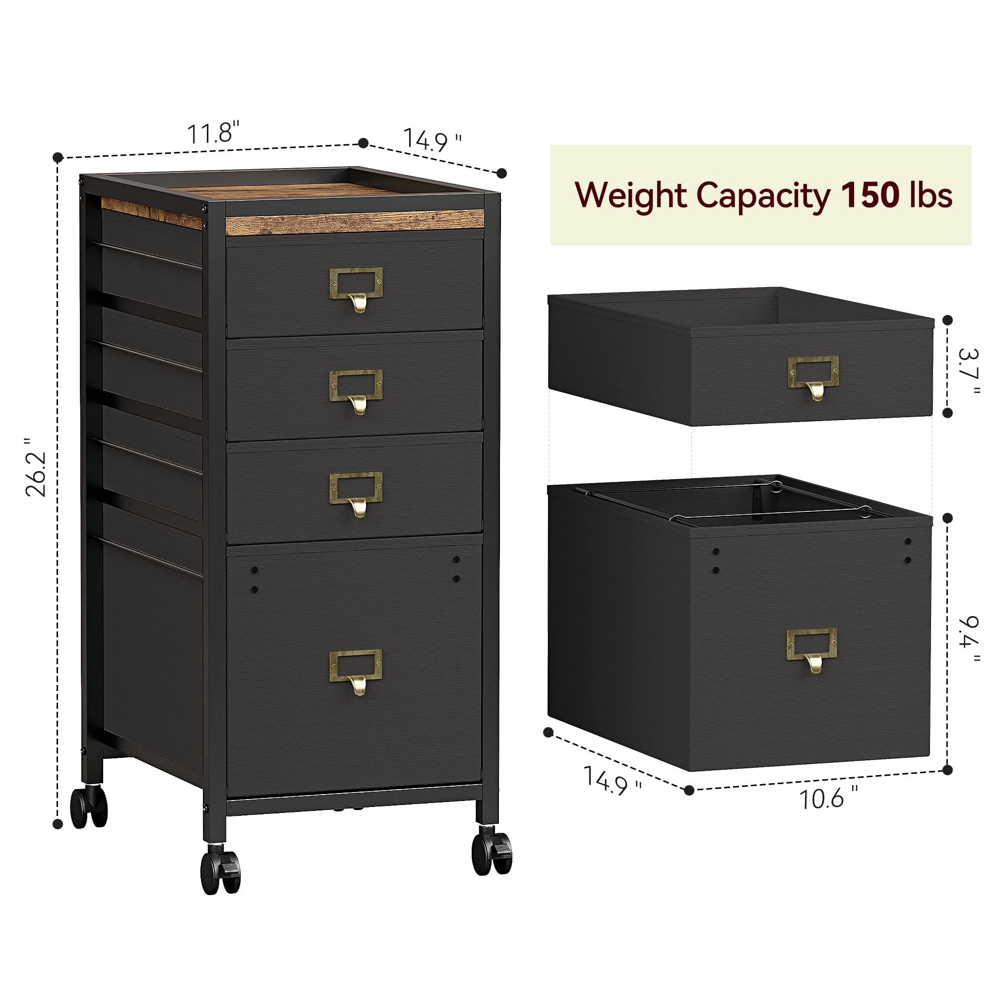 Garvee Cajonera Escritorio y Cajonera Oficina, Diseño contenedor con ruedas con 4 cajones Compacto y Funcional, para Oficina en Casa, Color Negro,30×38×67 cm