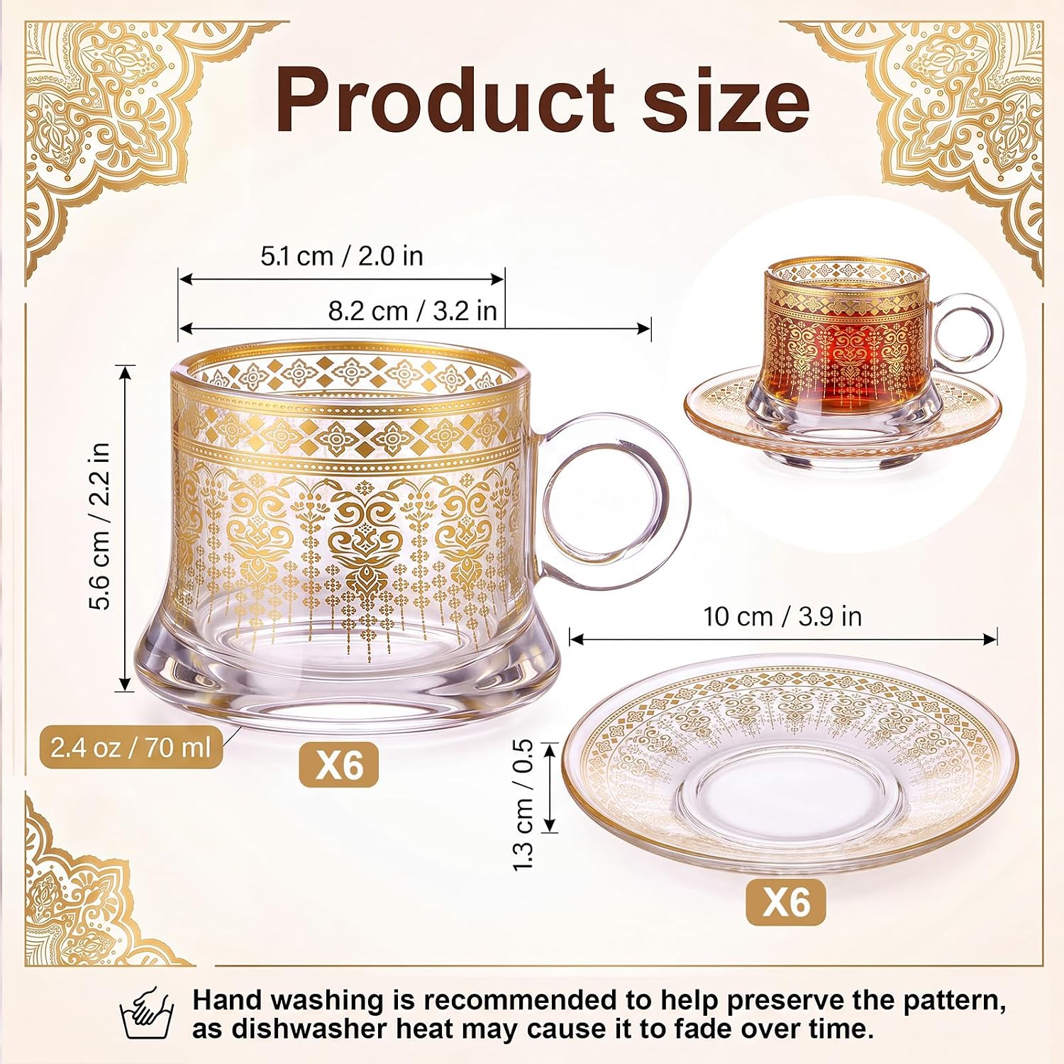 6 Pcs Gold Turkish Coffee Cup Set 2.4 oz Turkish Tea Glass, Ethnic Grid