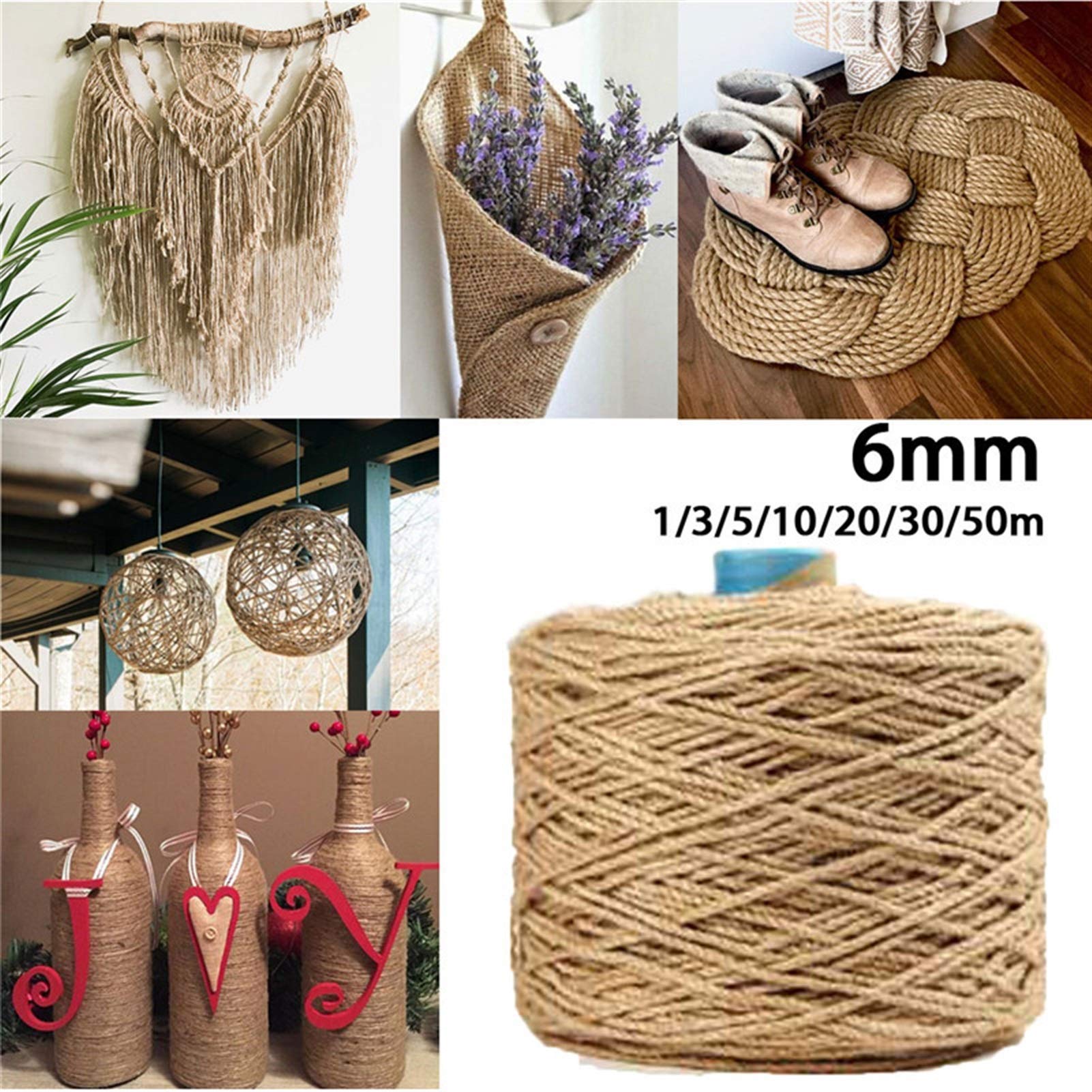 Bclla Zkenshan-Natural Jute Twine DIY Craft Handmade Decoration Pet Scratching Natural Jute Rope Twine Rope Hemp Cord Macrame String 6mm 1m-50m, Natural Jute Fiber (Color : 50m)