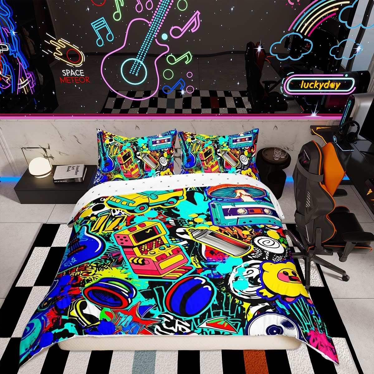 Homemissing Hippie Graffiti Style Duvet Cover Set Single Size For Kids Boys Teens Graffiti Graphic Bedding Set Hip Hop Music Comforter Cover with 1 Pillowcase Street Culture Bed Sets — image 1
