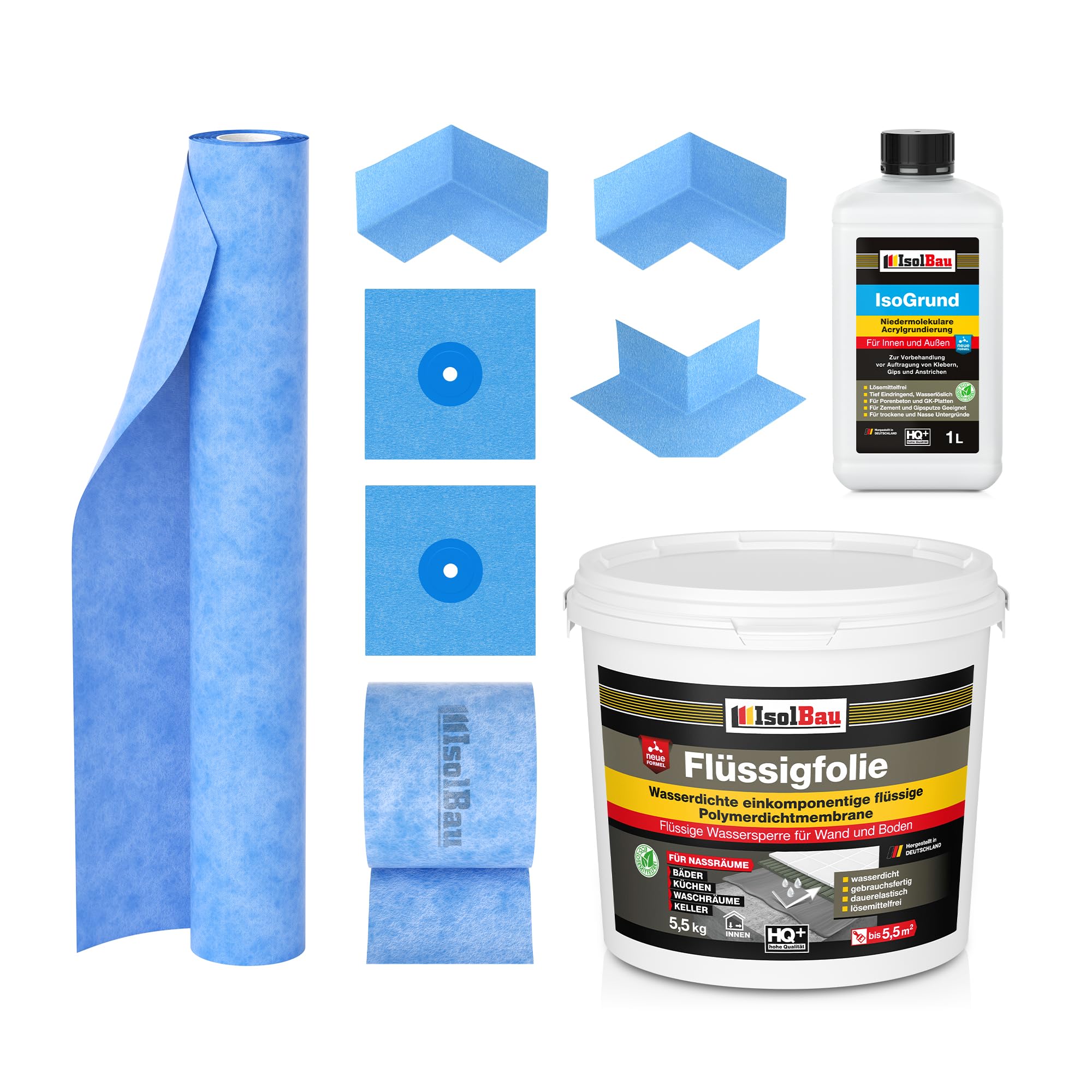 Isolbau Dichtset - Inkl. 1x Flüssigfolie (5,5 kg), 1x IsoGrund (1 L), 1x Dichtband (5 m), 1x Dichtbahn (1 m), 2x Innenecken, 1x Außenecken & 2x Manschetten - MPA