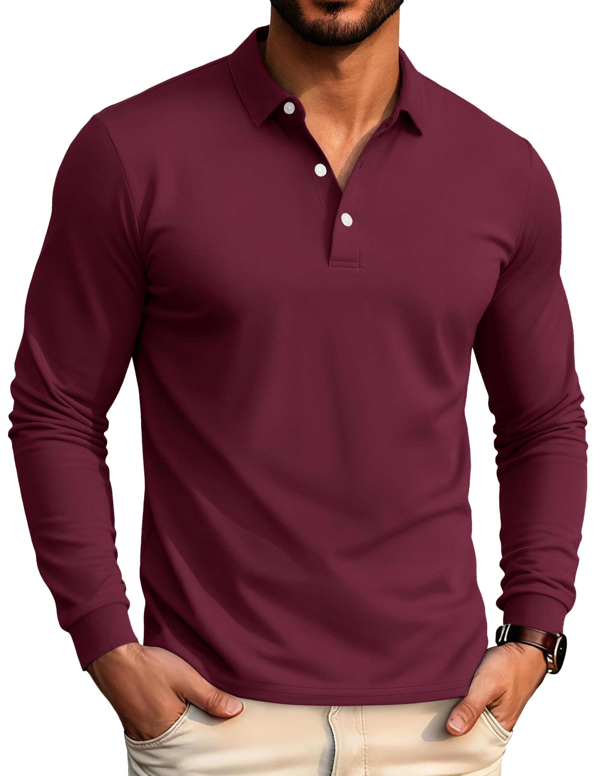 MAGCOMSEN Men's Polo Shirt Long Sleeve Golf Shirts Quick Dry Lightweight 3-Button Performance Work Fishing Athletic