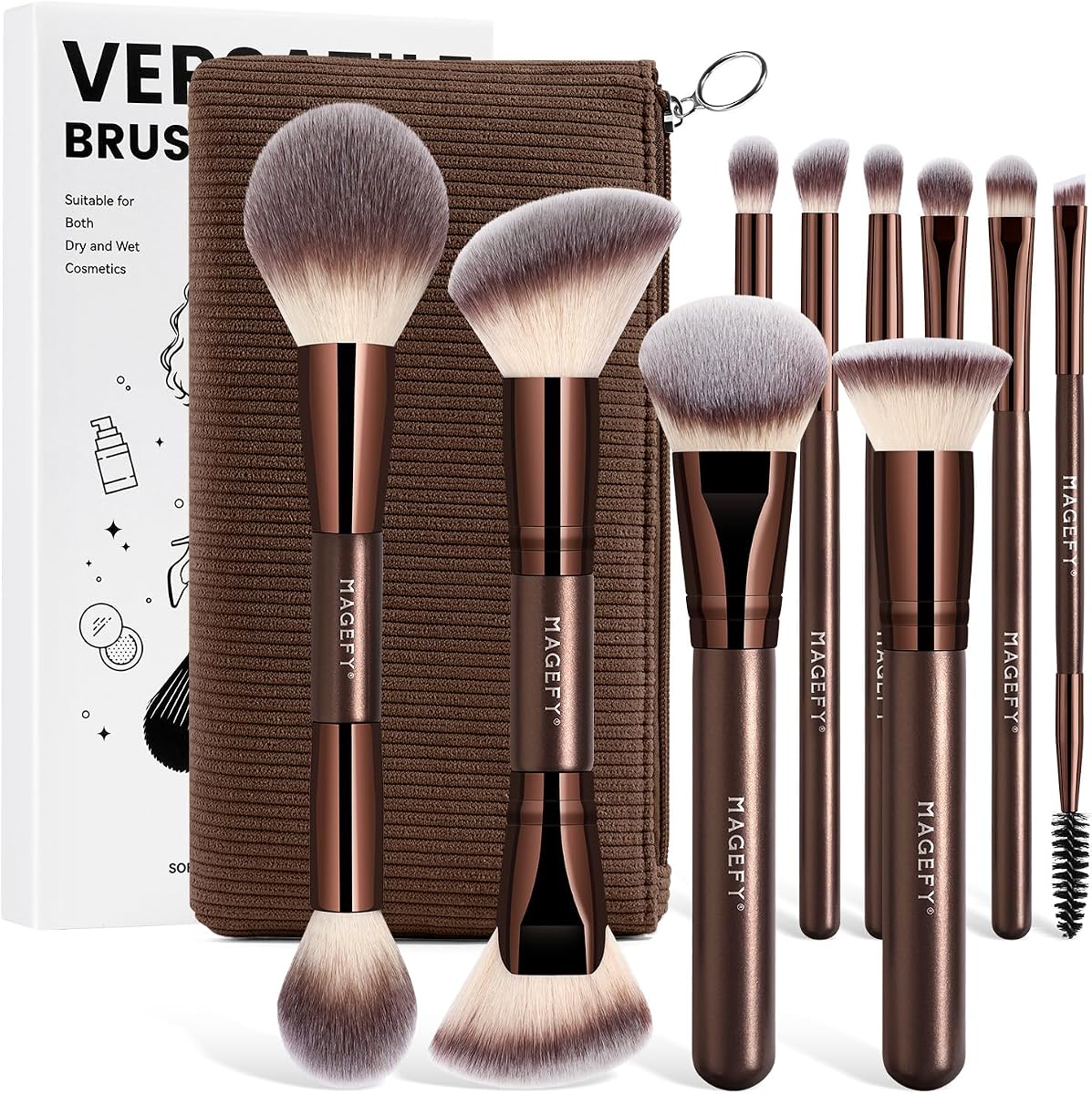 Juego de brochas de maquillaje, 12 piezas, brochas de maquillaje de doble punta, herramientas profesionales para base, mezcla, ojos y corrector para líquido/crema/polvo, juego de brochas con acabado impecable (café)