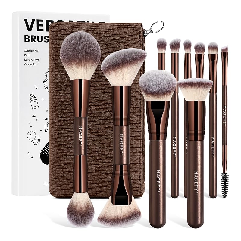 Kit de Pincéis de Maquiagem MAGEFY com 10 Unidades, Dupla Face, Café, com Estojo e Caixa