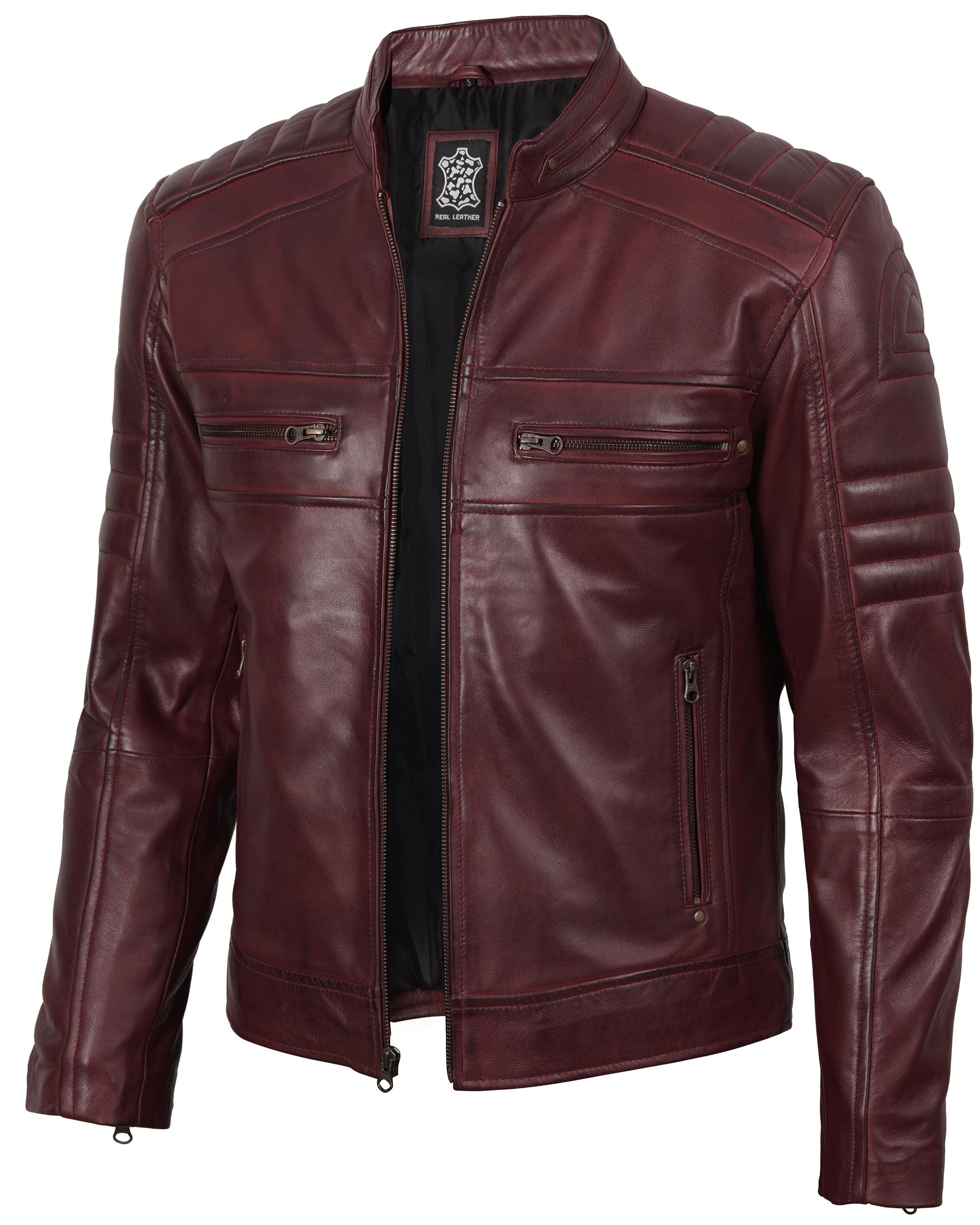 fjackets Cafe Racer Leather Jacket Men - Real Lambskin Moto Style Mens Leather Jacket Quilted Zip-Up Leather Jackets