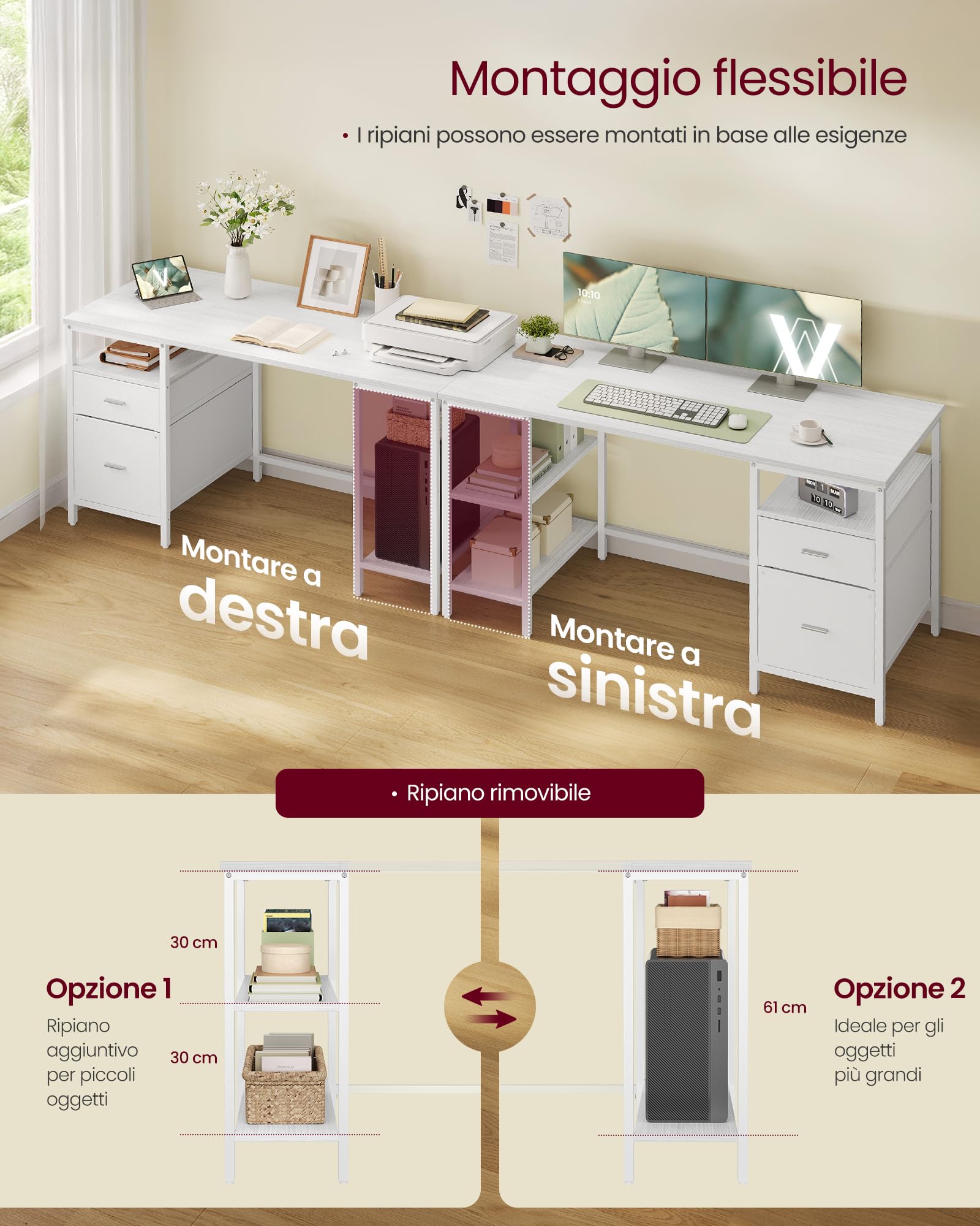 VASAGLE Scrivania per Computer, Tavolo da Ufficio, Scrivania con 3 Ripiani, 2 Cassetti, 140 x 60 x 76 cm, per Ufficio, Soggiorno, Stile Moderno, Bianco Acero e Bianco Nuvola LWD104WF01