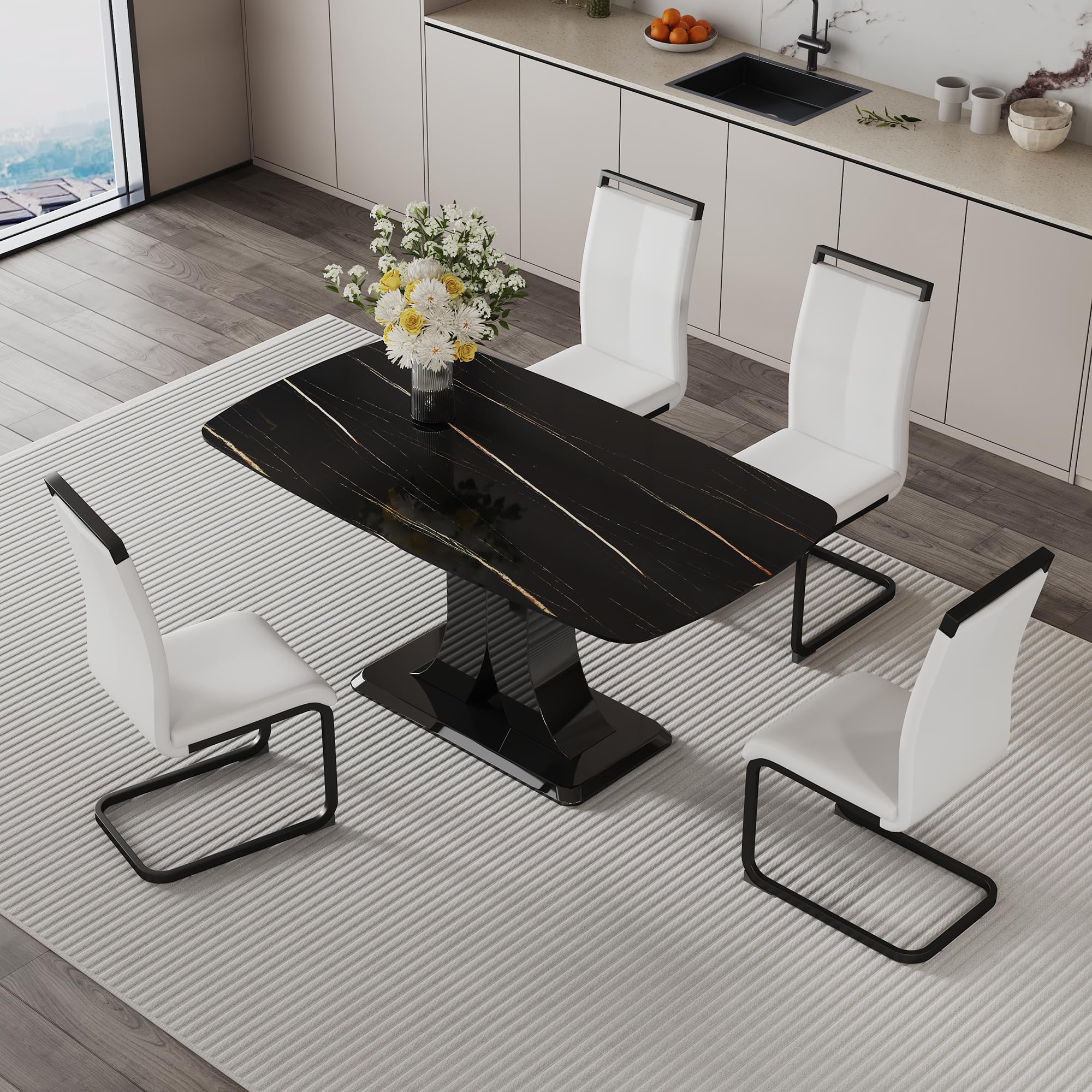 Modern Dining Table Set for 4, Marble Kitchen Table Chair Set for 4 ...
