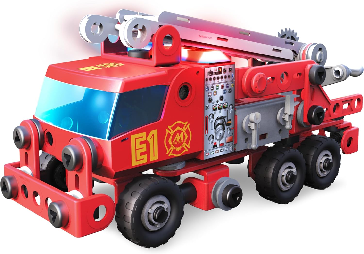 MECCANO Fire Truck Toy Model Car Kit (152 pcs): Battery-Powered Siren Sound, Lights & Swiveling Ladder (Ages 5+) STEAM Vehicle Building Set with 2 Kid Construction Tools, 150 Snap-in Parts & Stickers