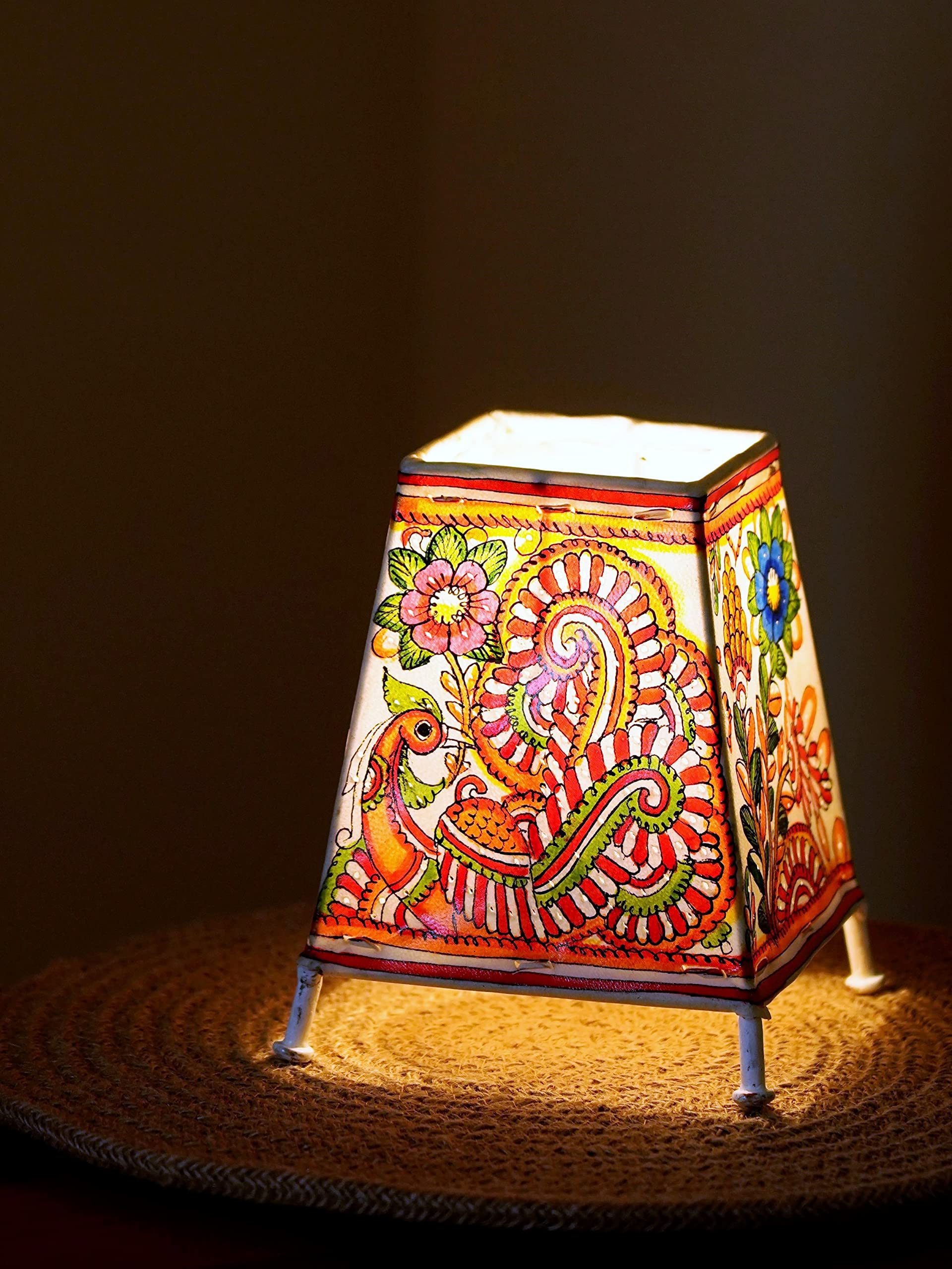Local Kala�s 100% Handcrafted Handpainted Kalamkari Leather Lamp Shade | Bulb Holder & 2 mtr. Wire with Plug | 16 cmx15 cm | Home Decoration and Gifting (Orange Peacock)-image-7