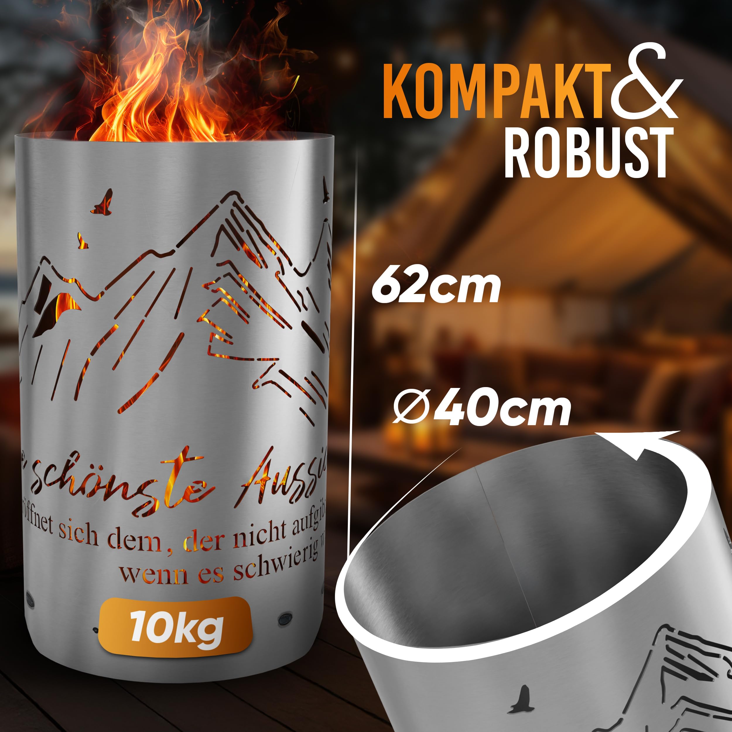 TiKo-Design® Feuertonne Feuerkorb mit Berge Motiv & Spruch