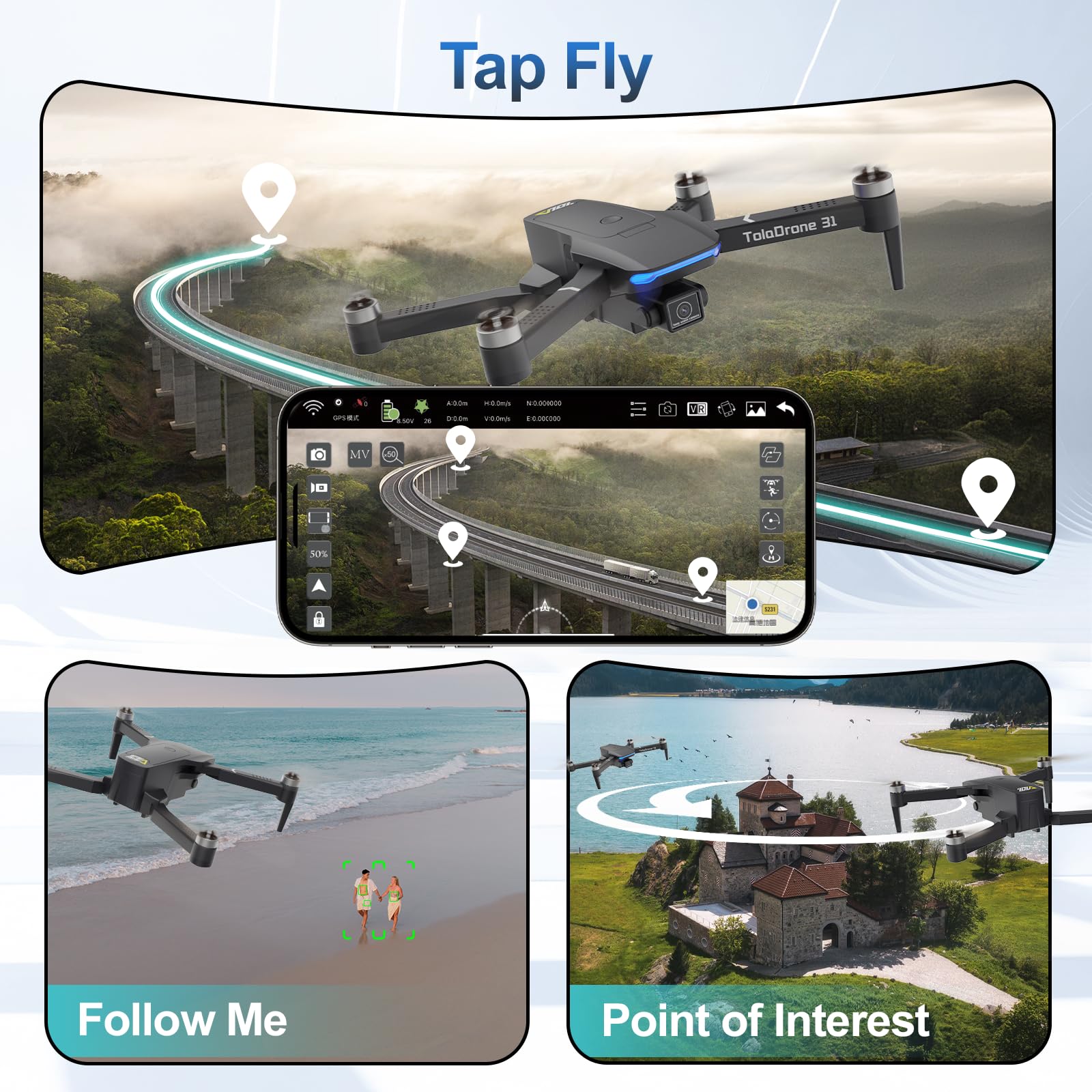 Toladrone Drone con Telecamera 4K Professionale, Drone GPS con Follow Me, Ritorno Automatico, ESC Camera Drone FPV WiFi 5G Drone Pieghevole per Adulti Drone RC TD31GPS