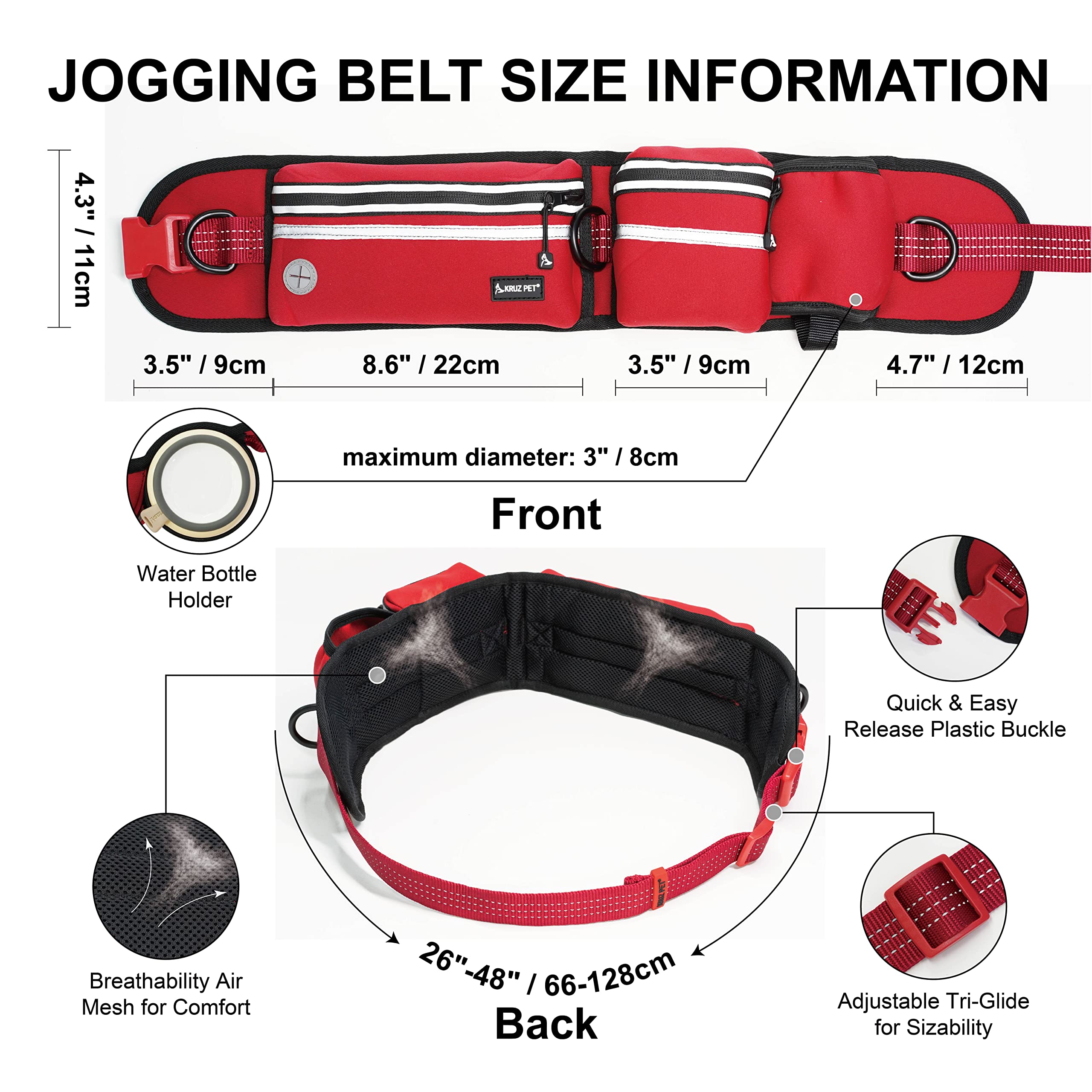 Kruz - Cinturón de Correr y Correa para Perro Manos Libres, Correa elástica retráctil Que Absorbe los Golpes con cinturón para Correr, Caminar, Entrenar, Senderismo, cómodo, Ajustable y Duradero