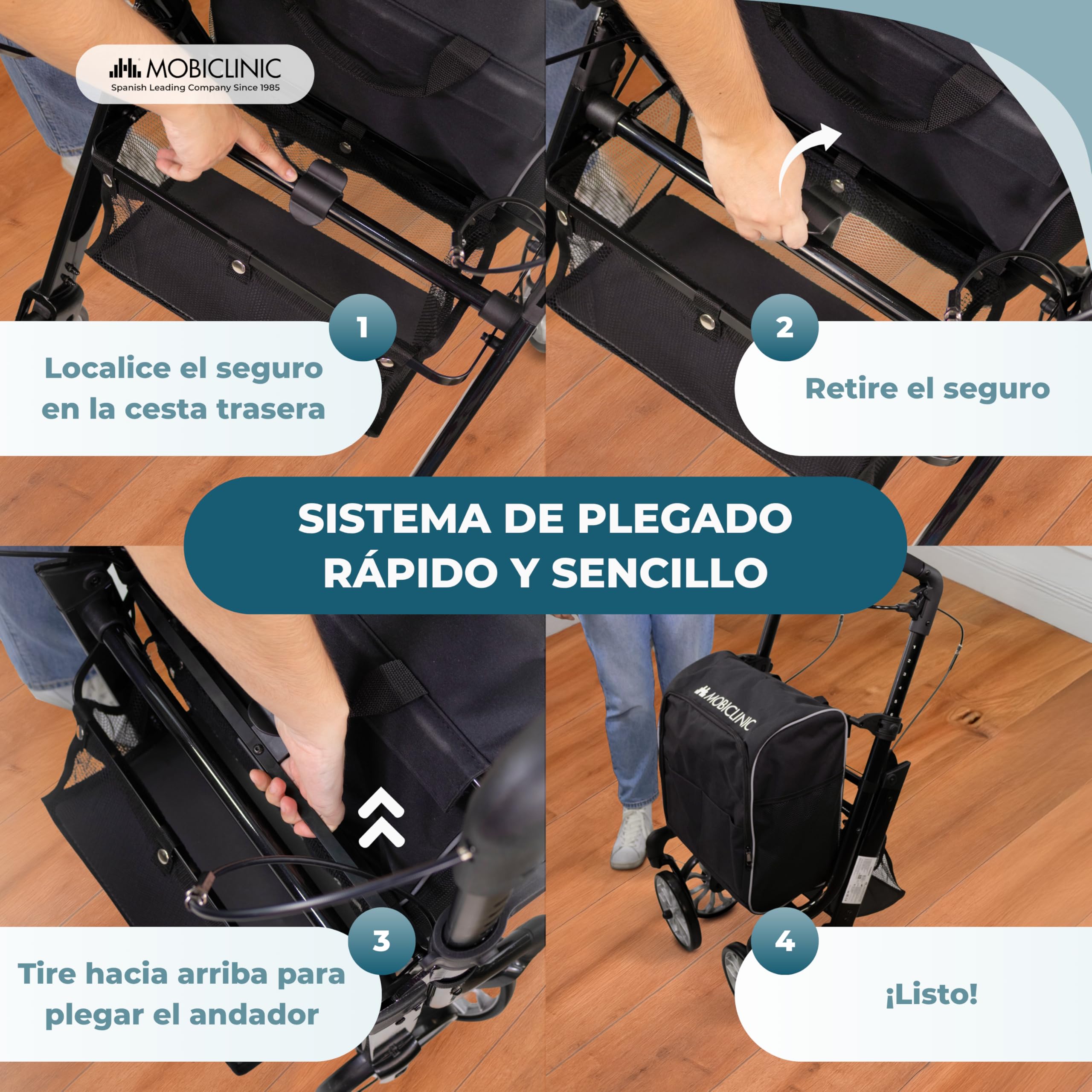 Mobiclinic®, Andador Plegable + Carro de la Compra, 2 en 1, Freno de Estacionamiento, Regulable en 6 Alturas, Monomando, Cesta y Bolsa XXL Extraíble, Ruedas 360º, Resistente, Aluminio, Formen