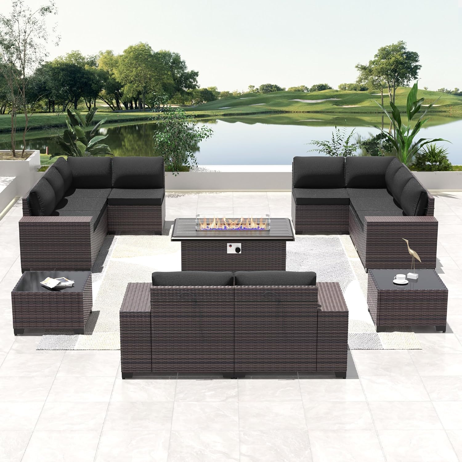 13 PCS Outdoor Patio Furniture Set,Outdoor Sectional Furniture with 43" 55000 BTU Gas Propane Fire Pit Table,All Weather PE Rattan Wicker Patio Conversation Set,Black