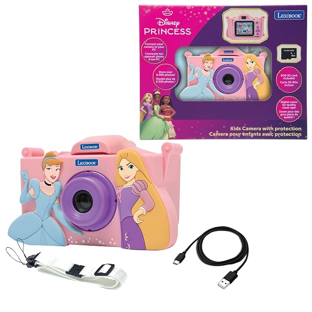 LEXIBOOK, Princesas Disney, Cámara Infantil 4 en 1 con Funda, DJ078DP