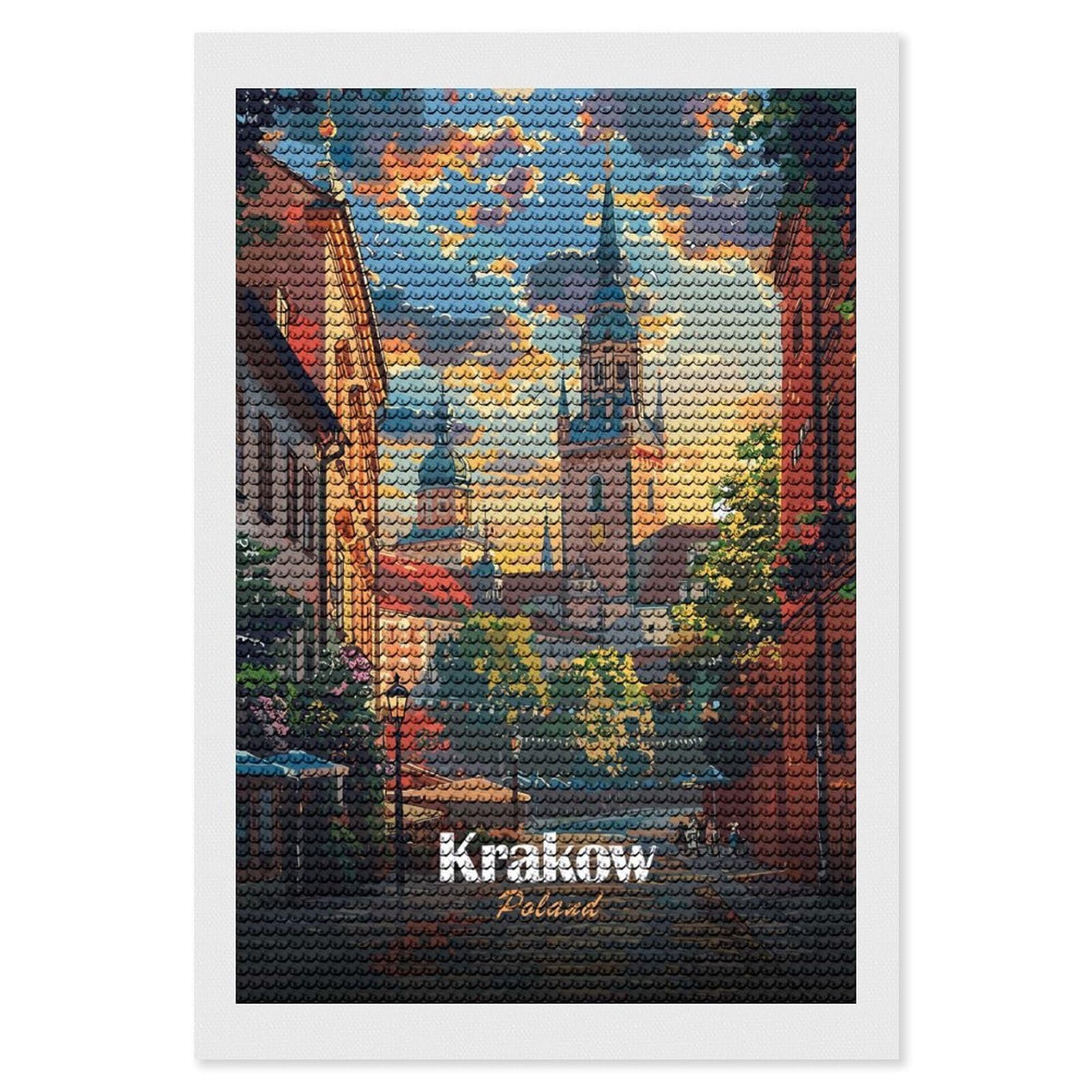 Junmoney Krakow, Poland Cityscape Illustration Diamond Art Kit 8"x12", Vintage Style Decor, Stress Relief Craft, Decor Project, Relaxing DIY, Creative Hobby