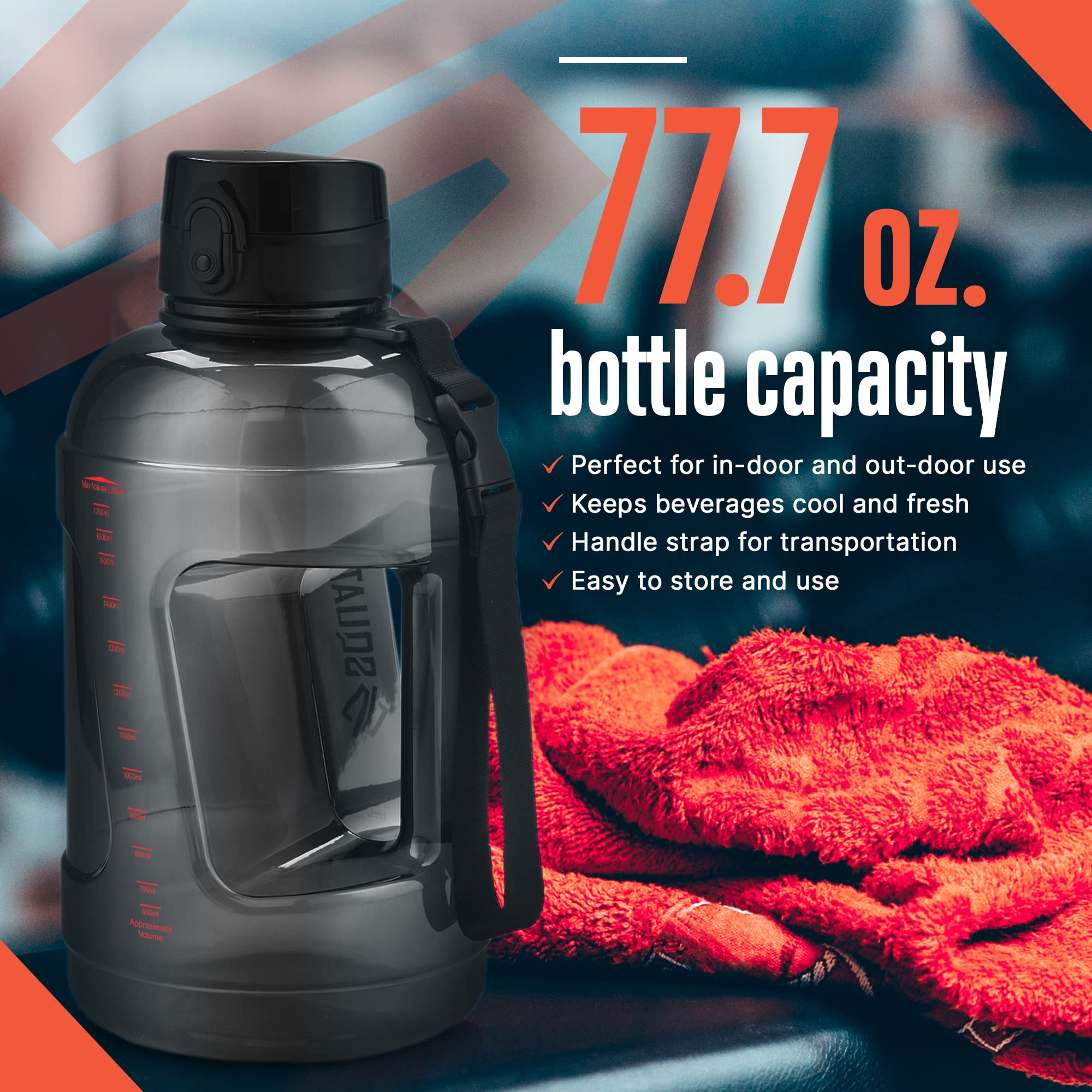 SQUATZ Poseidon Wasserflasche, 2,2 l, Schwarz, Sport, großes Volumen, breite Öffnung, rutschfester Griff, sturzsichere Kappe, feste Schnalle, Tragegurt, auslaufsicher und ohne Kondensation