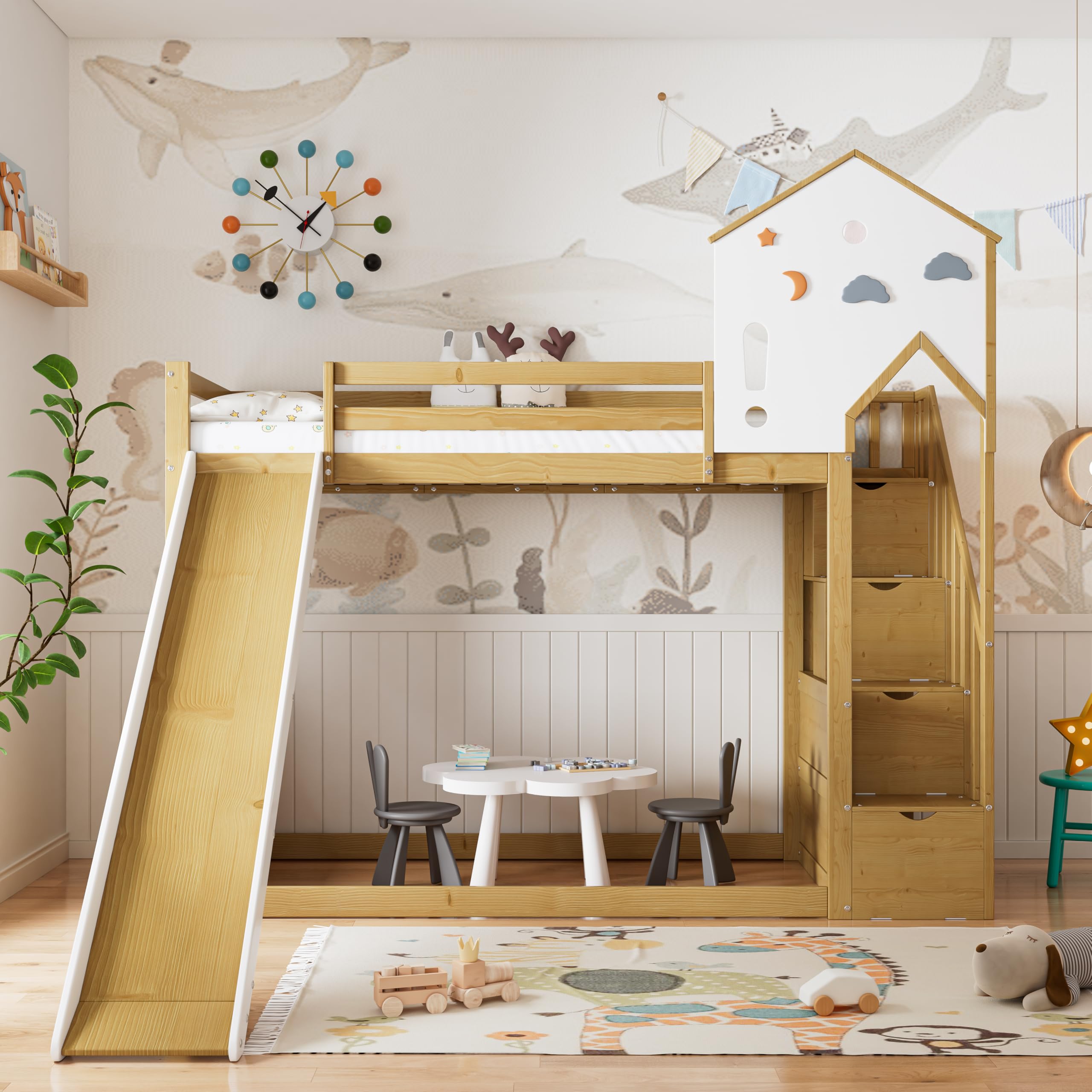 Letto a castello, letto per bambini, letto con scala angolare, culla con tetto e finestra, culla con 3 armadietti nelle scale, letto a castello con scivolo, pino MDF, bianco naturale, 90 x 200 cm