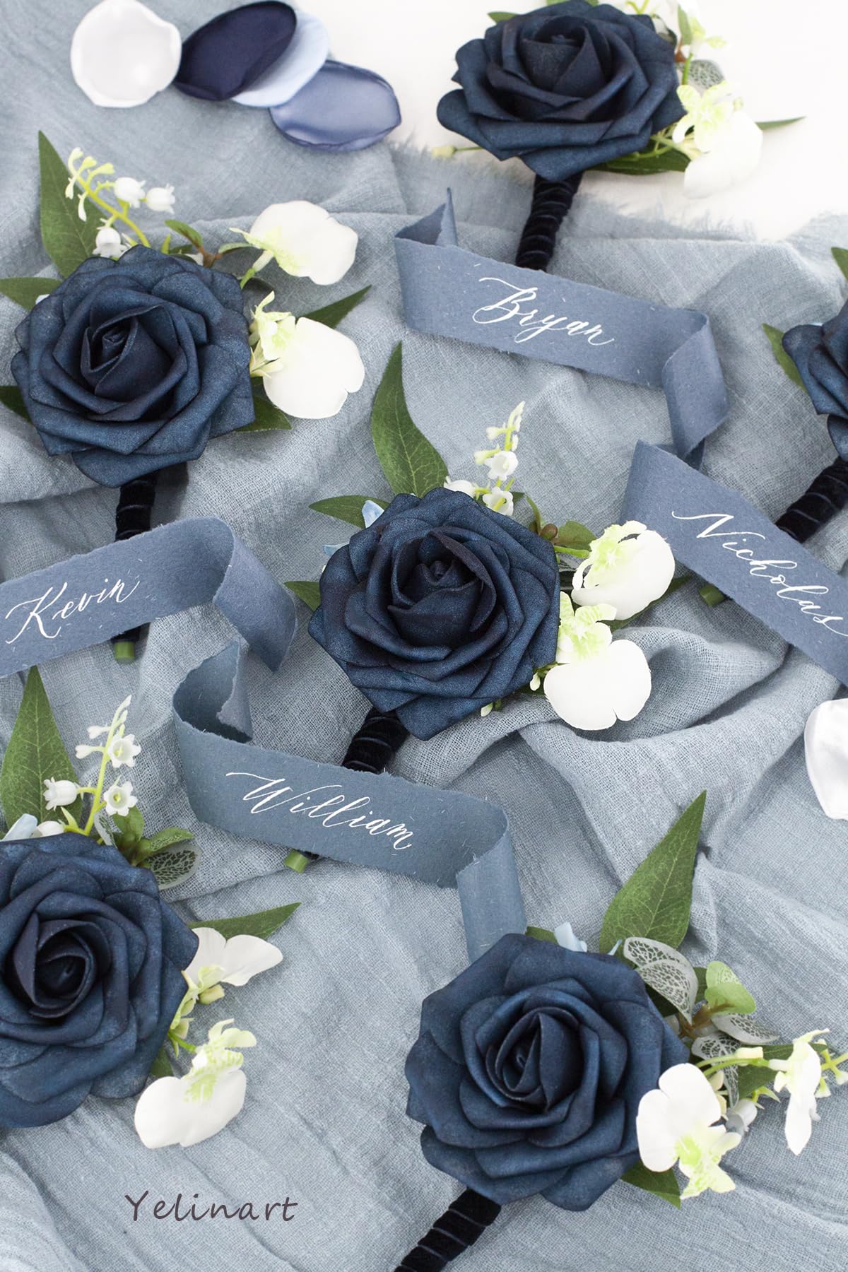 1 pz Sinlge blu navy Boutonniere per gli uomini per sposo sposo sposo fiori di rosa artificiali Boutonniere per cerimonia di nozze anniversario cena formale festa