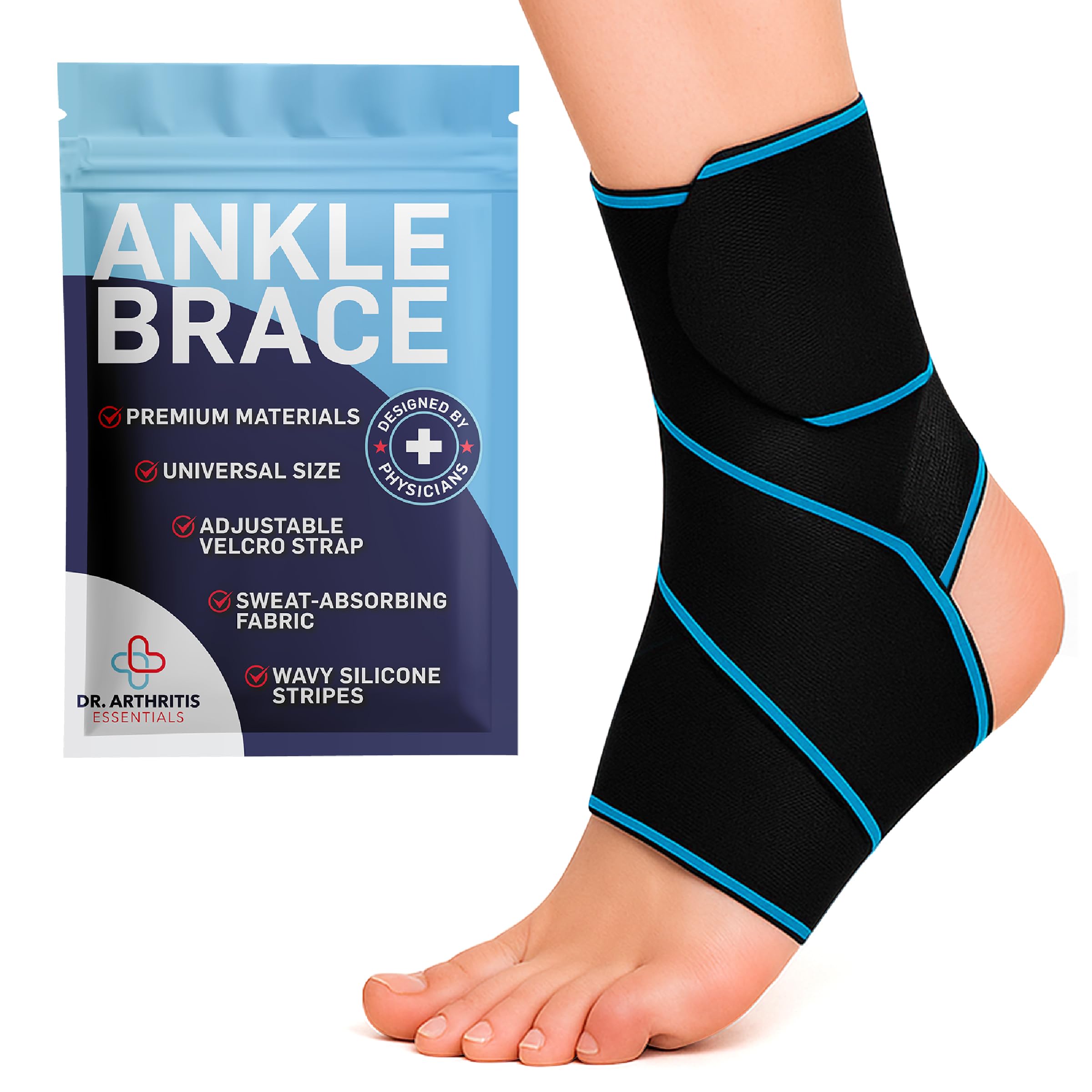 Dr. Arthritis Essentials Ankle Brace, Stabilizing Ankle Support for Sprains, Tendonitis, Sports Injuries, and Plantar Fasciitis Relief, Made for Men & Women Use, Fits Left & Right Foot (Blue - 1 Pack)