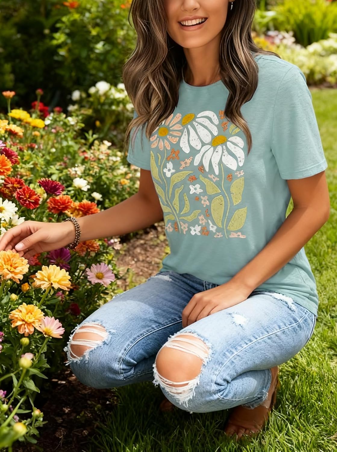 jusgai Women's Vintage Flowers Tshirts Floral Graphic Tees Wildflowers Shirts Summer Vacation Casual Short Sleeve Tops - Image 4