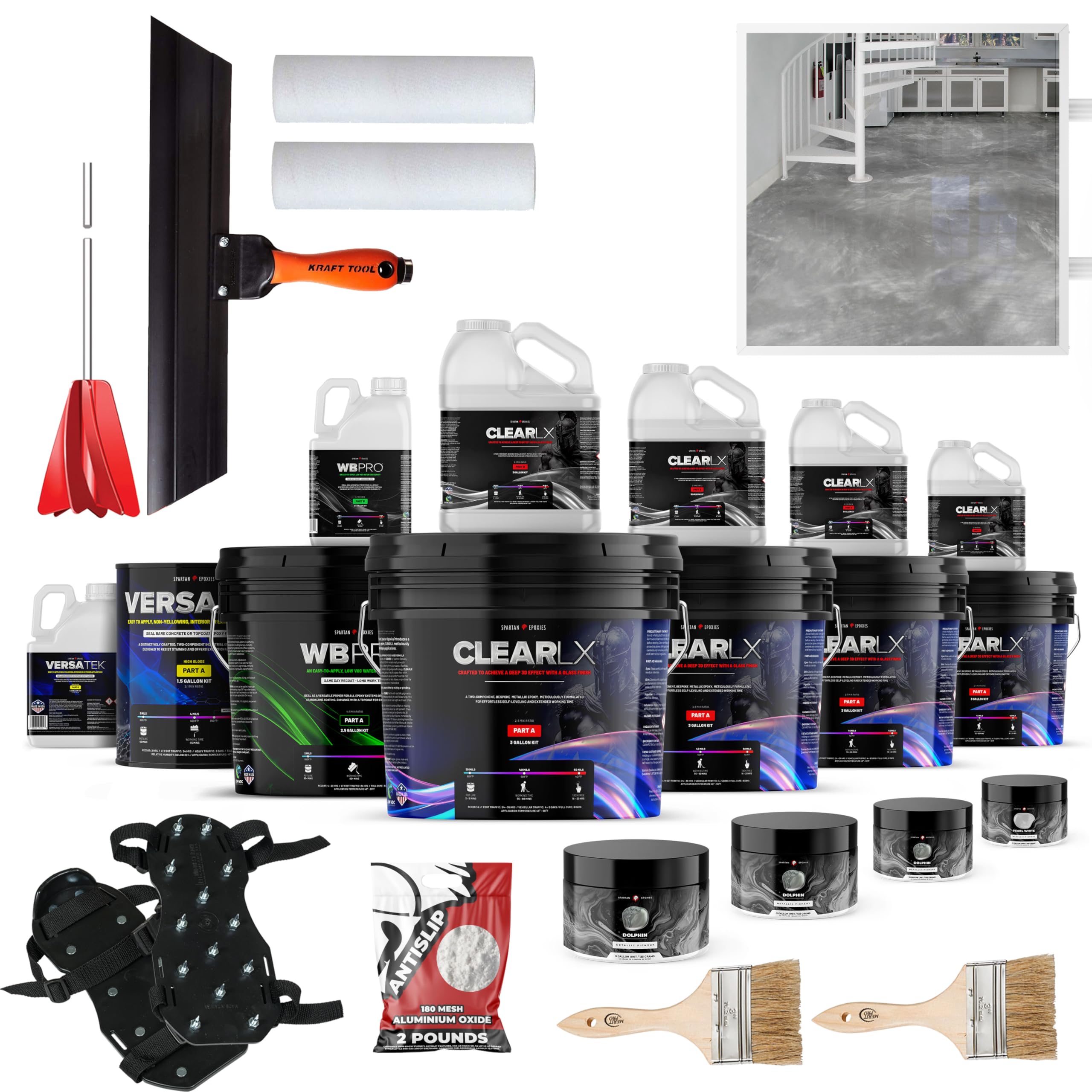Spartan Epoxies Metallic Epoxy Kits for Concrete - Available in 300-420 sq ft, 350-490 sq ft, and 600-650 sq ft (Dolphin with Pearl Highlights, 600-