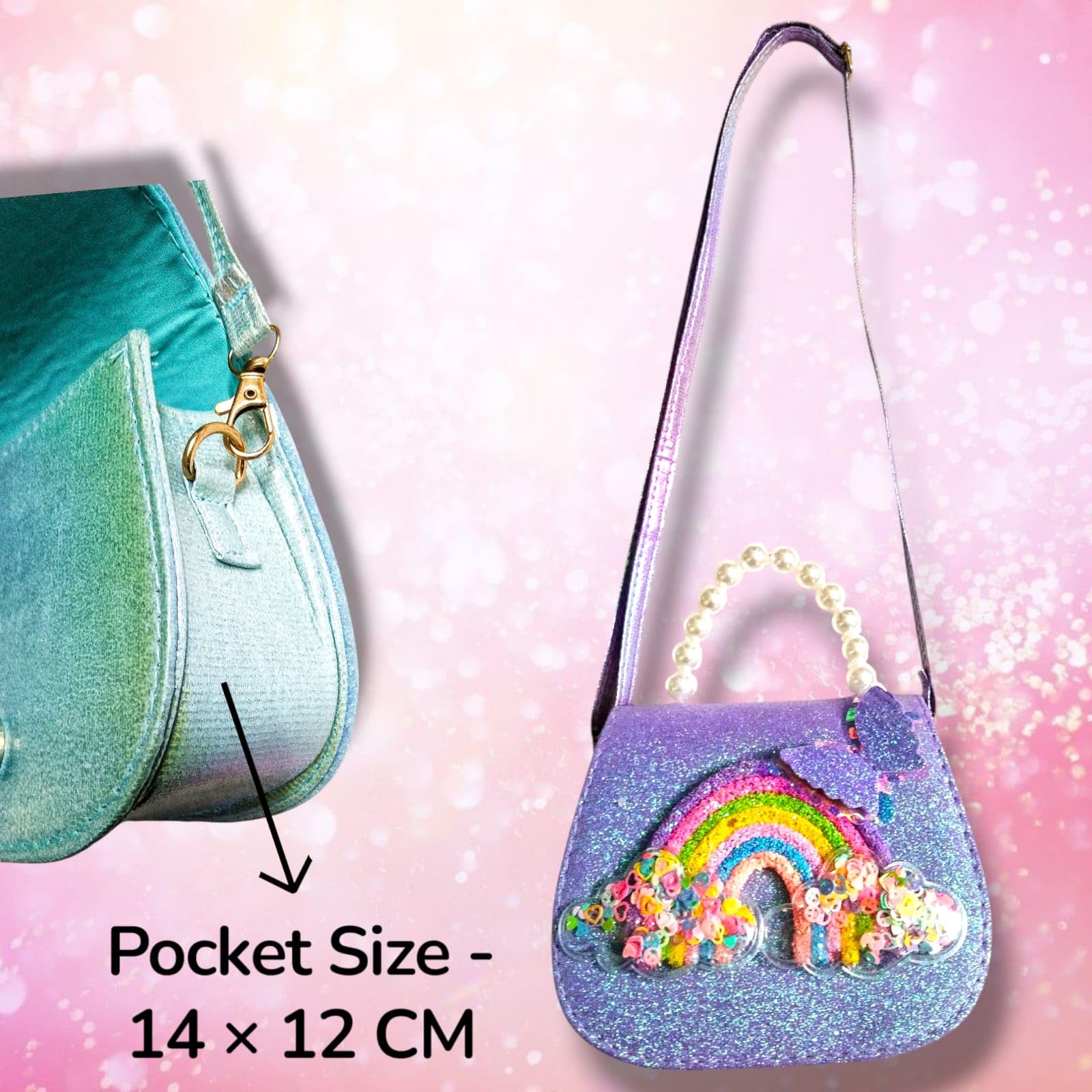 CARU CRAFT Sling Shoulder Bag Purse for Girls | Girl's Cartoon Stylish Hand Bag Glitter Sequins Bag | Birthday Return Gifts Printed Shiny Cross Body Purse (Pack of 1) (Pearl Purple) 3