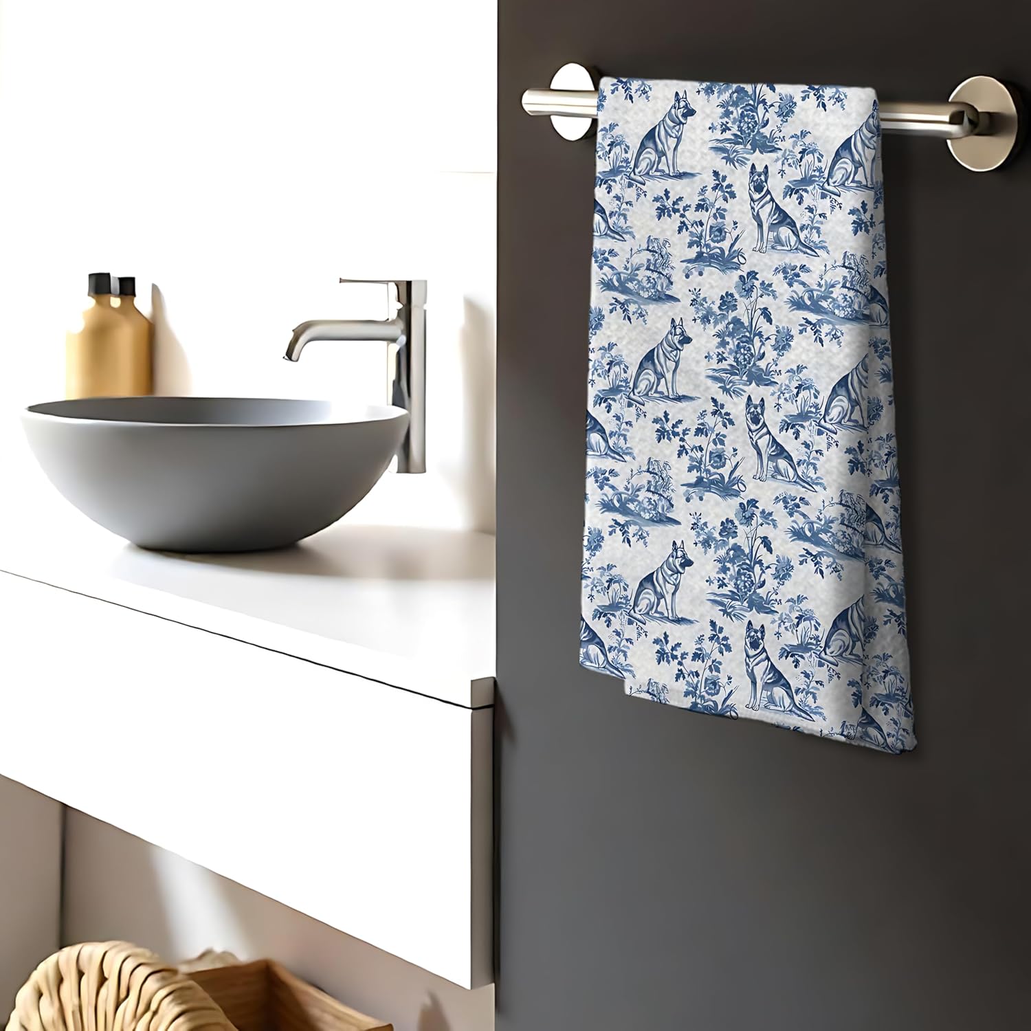 Chinoiserie German Shepherd Kitchen Towels, Blue and White Floral Botanical Grandmillennial Dog Decor Dish Tea Towels, German Shepherd Gifts Hand Towels for Kitchen Bathroom, 16x24 Inch image 3