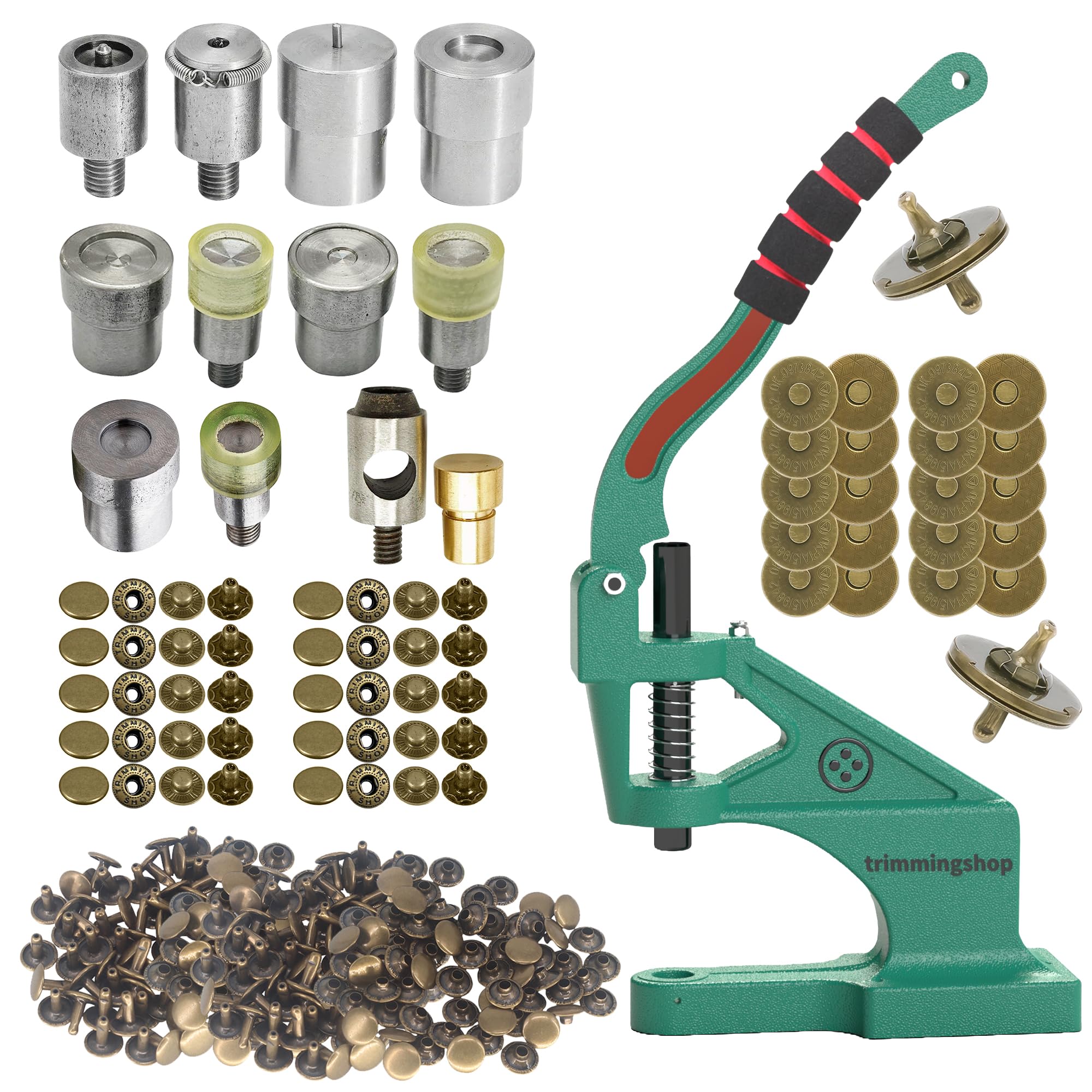 Trimming Shop Bag Makers Kit – The Green Machine Hand Press, Tubular Rivets, Magnetic Snaps, S-Spring Press Studs, Buttons & Die Sets for DIY Leathercraft & Purse Making [Bronze]