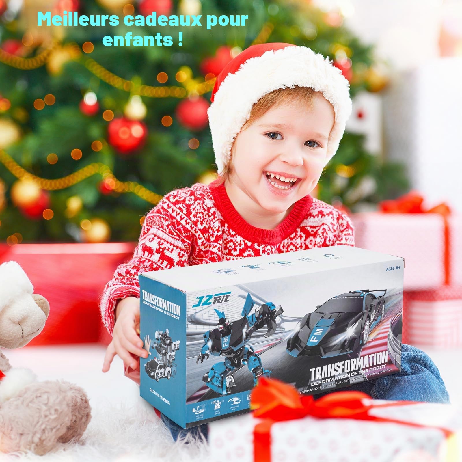 Transform Jouet, Voiture Télécommandée Robot avec Capteur Gestuel pour Garçons Filles 3 4 5 6 7 8 9 10 Ans, 2,4GHz Transformable Robot Car avec Piles, Effets Sonores et Lumineux, Bleu-Noir