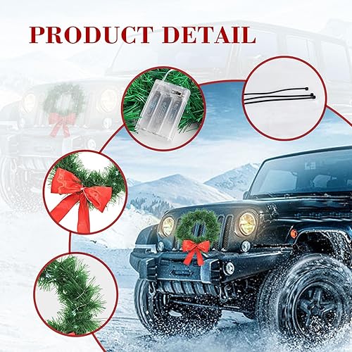 Miniatura 3 de Juego de corona de Navidad para automóvil, decoración de corona verde de 13.7 pulgadas con lazo rojo, corona artificial navideña con tiras de luz,