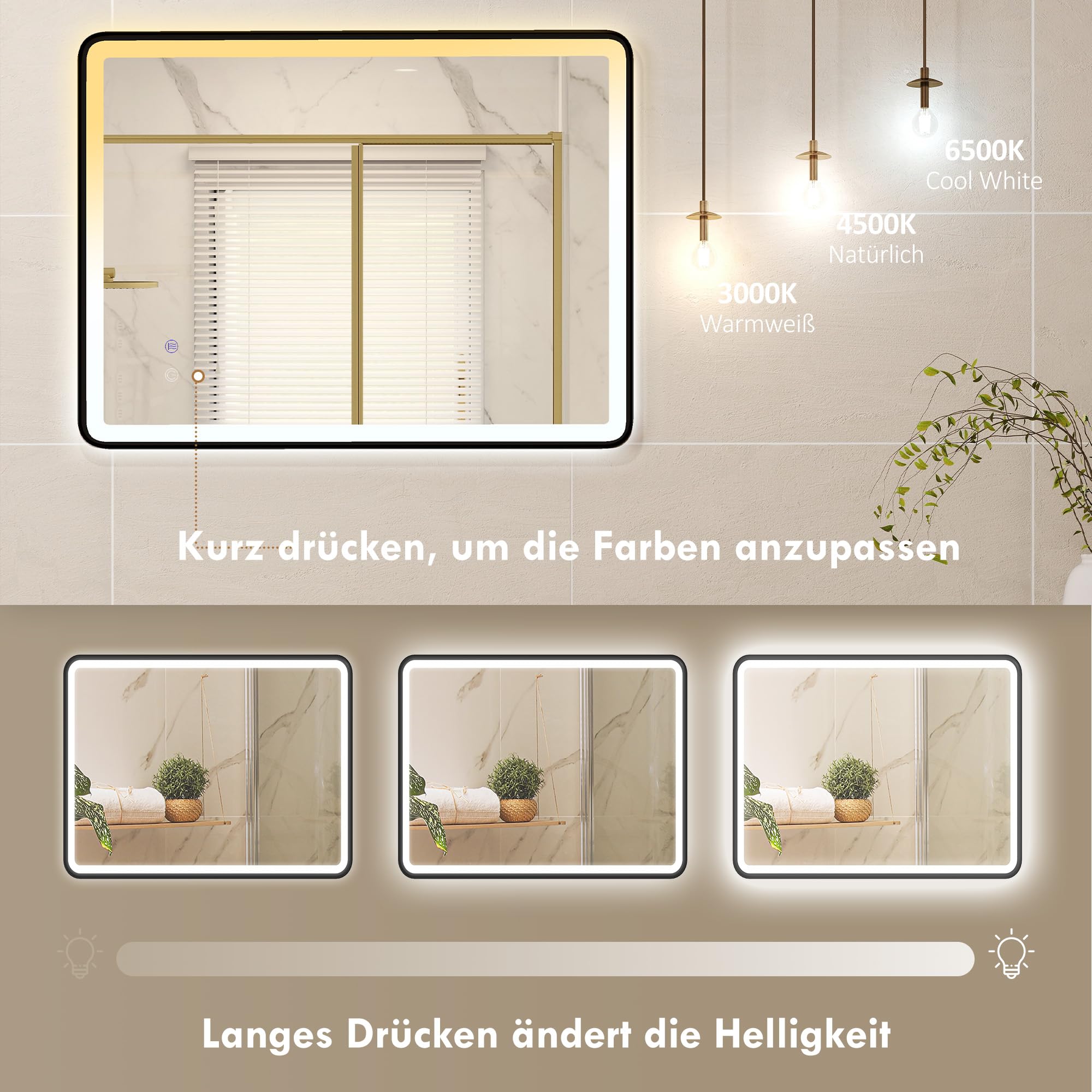 HOMCOM Espejo de baño LED con iluminación, 80 x 60 cm, 3 temperaturas de color, espejo LED antivaho, función de memoria, horizontal o vertical, espejo de maquillaje regulable con marco negro