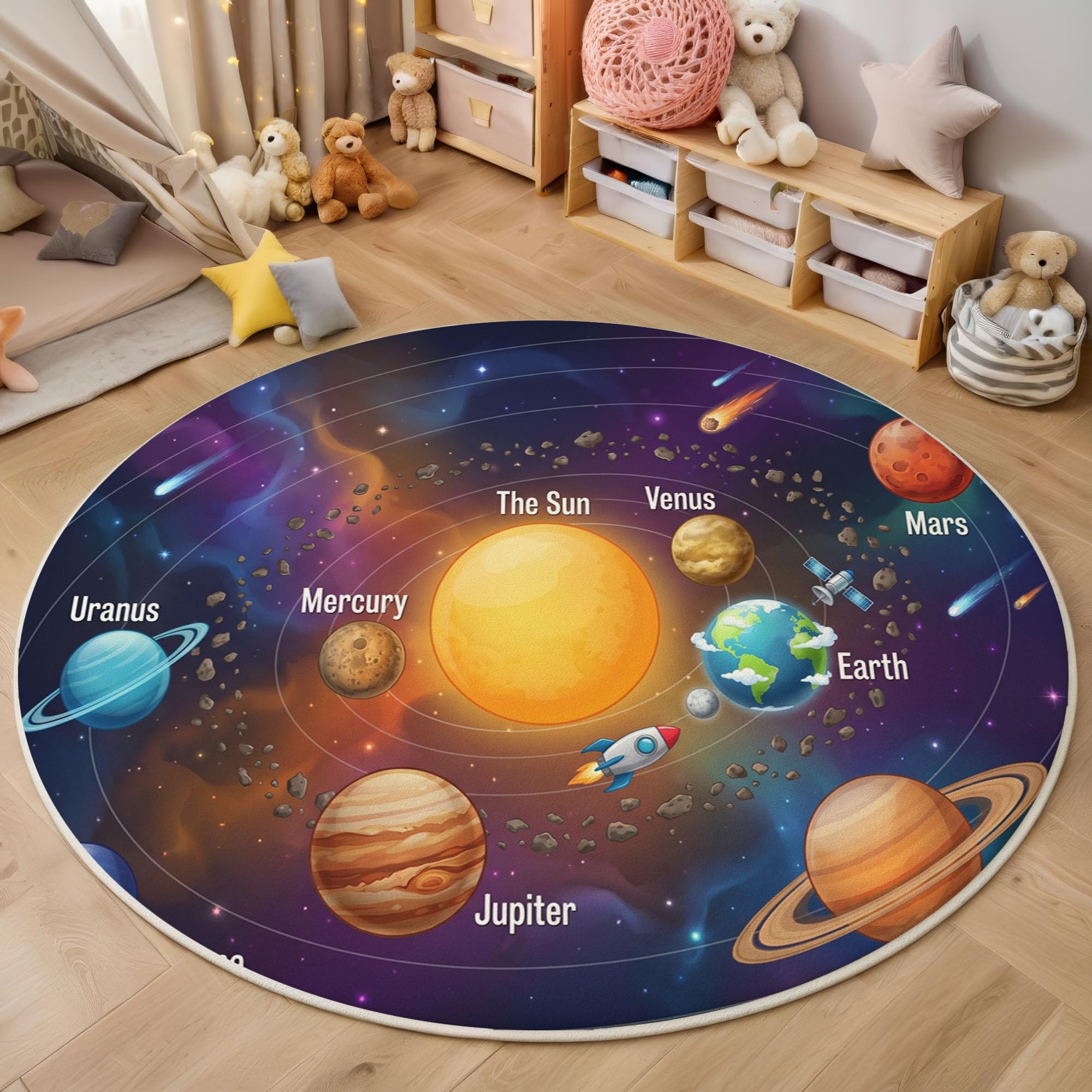 Lavable Tapis Rond Soleil Étoiles Météorites - Violet 100cm Rond - Planètes Spatiales De Dessin Animé Médaillon Tapis De Décoration pour Chambre, Couloir, Salle à Manger