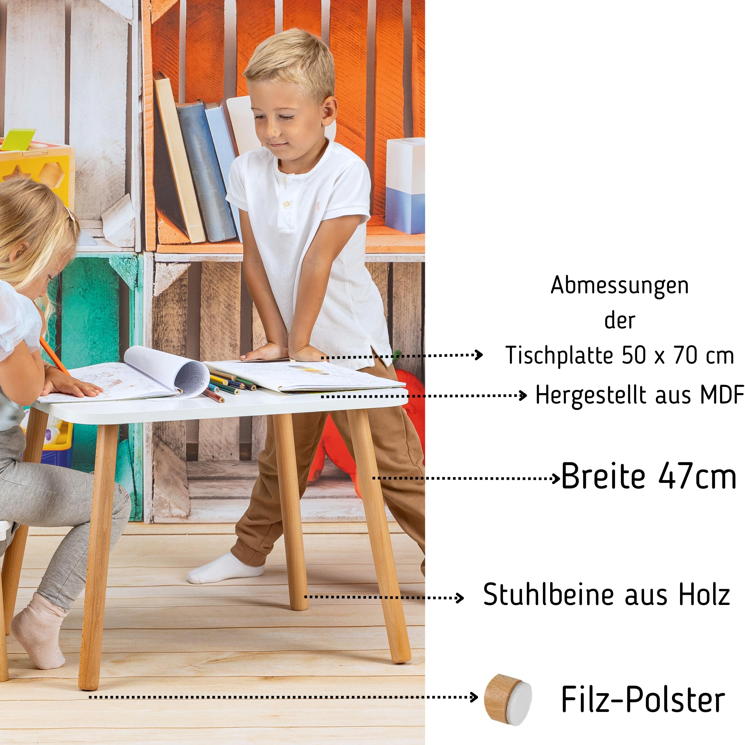Kindertisch, weißer Holztisch für Kinderzimmer 50 x 70 x 46 cm, Geschenk für Kinder 3-7 Jahre, Selbstbaumöbel - Tisch