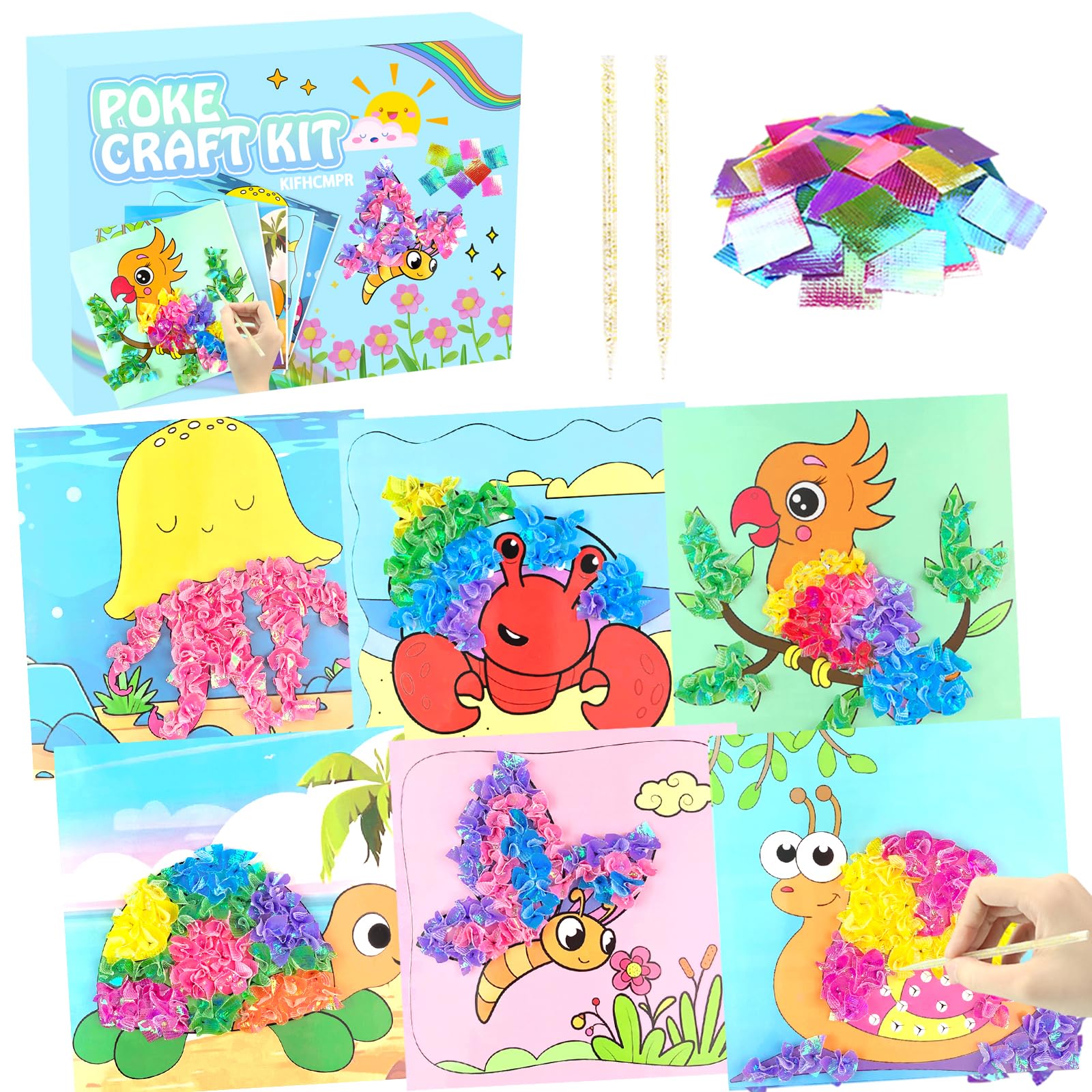 Poke-in Fun Art Fabric Craft,Animals Theme,Mess Free Kids'Paper Craft Kits,Arts and Crafts for Kids,Art Activity Birthday Ideas for Children,Toys for Girls &amp;Boys Ages 4-10+