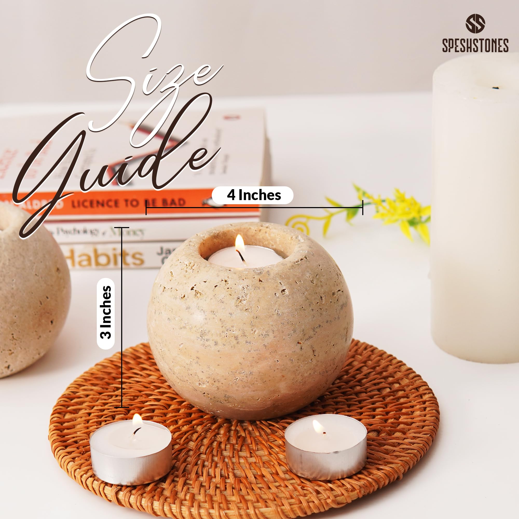 SPESHSTONES Portacandele in marmo in travertino da 10 cm, per regali, lumini da tè, candele, set di 2 per compleanni, matrimoni, tavoli da pranzo, centrotavola e decorazioni per San Valentino