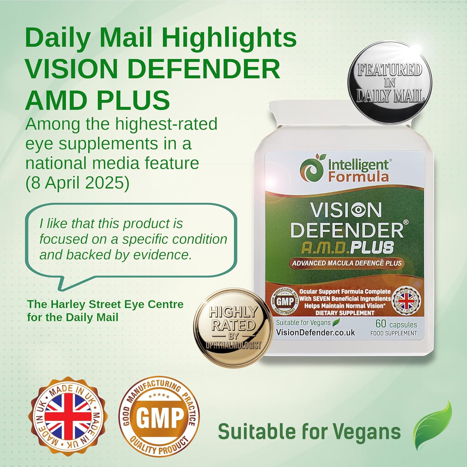 Vision Defender Plus Eye Supplement: AREDS2 Formula Vitamins, Minerals (Lutein, Zinc) Enhanced with Meso-Zeaxanthin for Complete Eyes/Eyesight Health Care & Support. 60 Easy-to-Swallow Vegan Capsules
