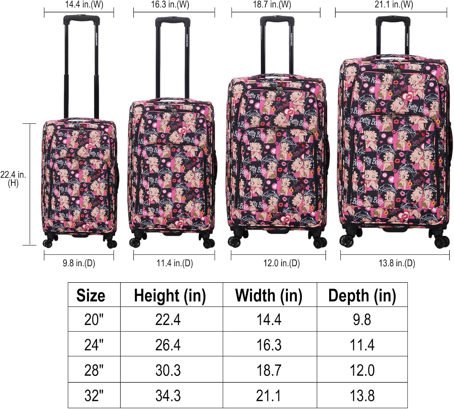 Karriage-Mate Betty Boop Printed 4-Piece Luggage Set - Expandable Softside Suitcases with 360° Spinning Wheels: 20” Carry-On & 24/28/32” Checked Travel Bags (CT1)