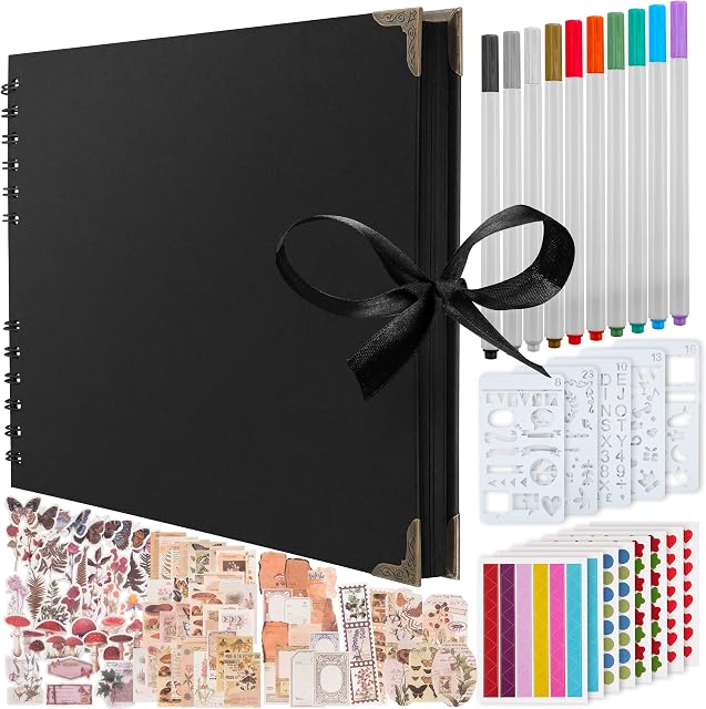 Bstorify Large Scrap book Photo Album, (198 PCS) - 80 Pages 28 x 20 CM With 174 PCS Vintage Scrapbook Accessories Paper, 10 PCS Metallic Marker Pens, 6 Sheets Stickers, 120 Photo Corners & 5 Stencils