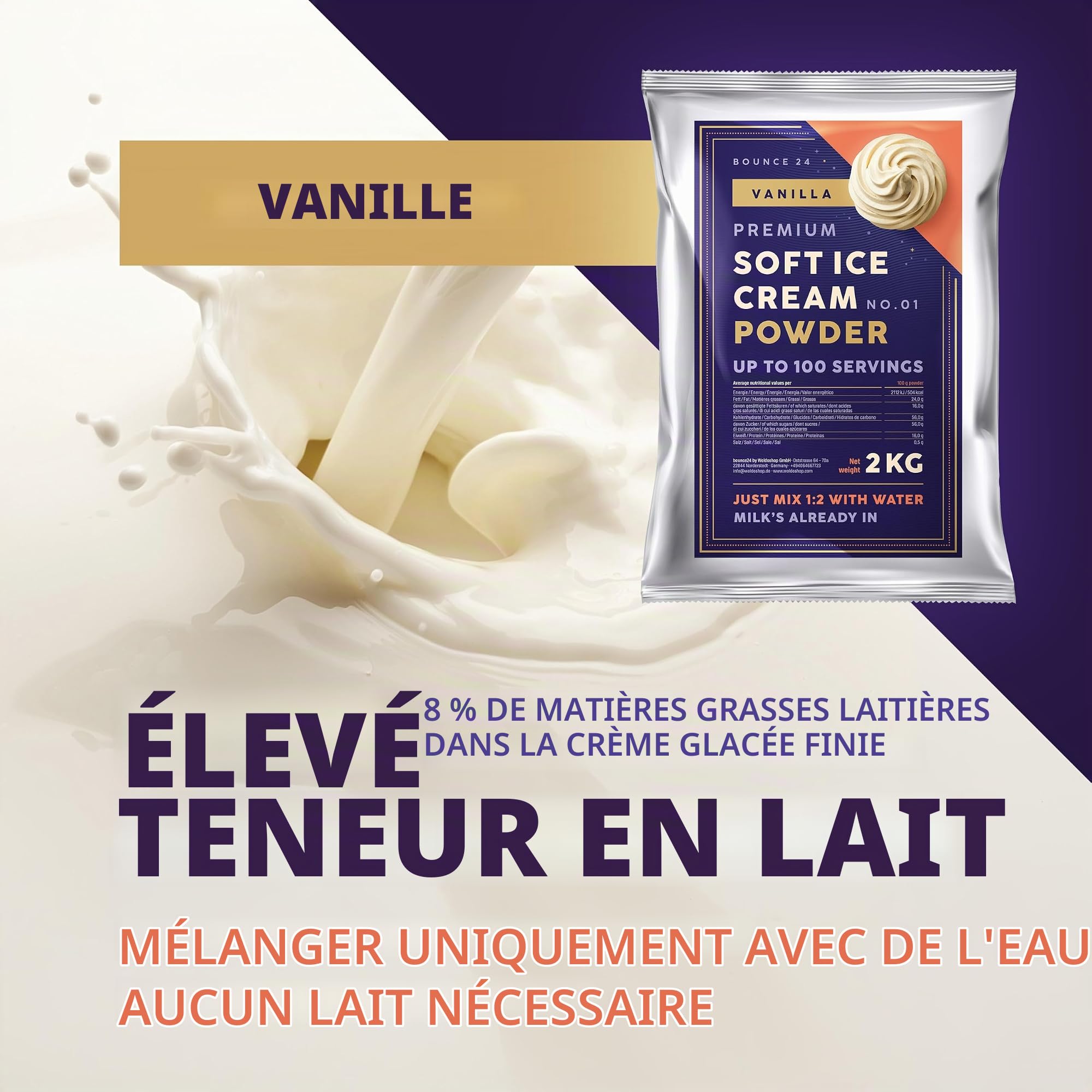 Bounce24 Préparation Glace Italienne Vanille 2 kg – donne 6 kg de glace | Lait entier en poudre inclus, juste de l'eau, crémeux, sans lait en plus