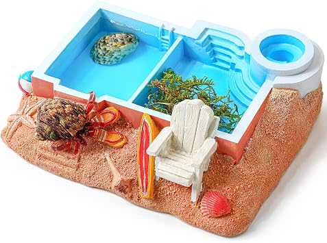Gerrii Hermit Crab Water Bowl 2 Compartments Resin Hermit Crab Water Bathing Pool and Food Dish Seashell Reptile Climbing Habitat Platform for Turtles Lizard Frog Gecko Chameleons Square