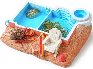 Gerrii Hermit Crab Water Bowl with Climbing Ramp, 2 Compartments Resin Hermit Crab Water Bathing Pool and Food Dish Seashell Reptile Climbing Habitat Platform for Turtles Lizard Frog Gecko Chameleons
